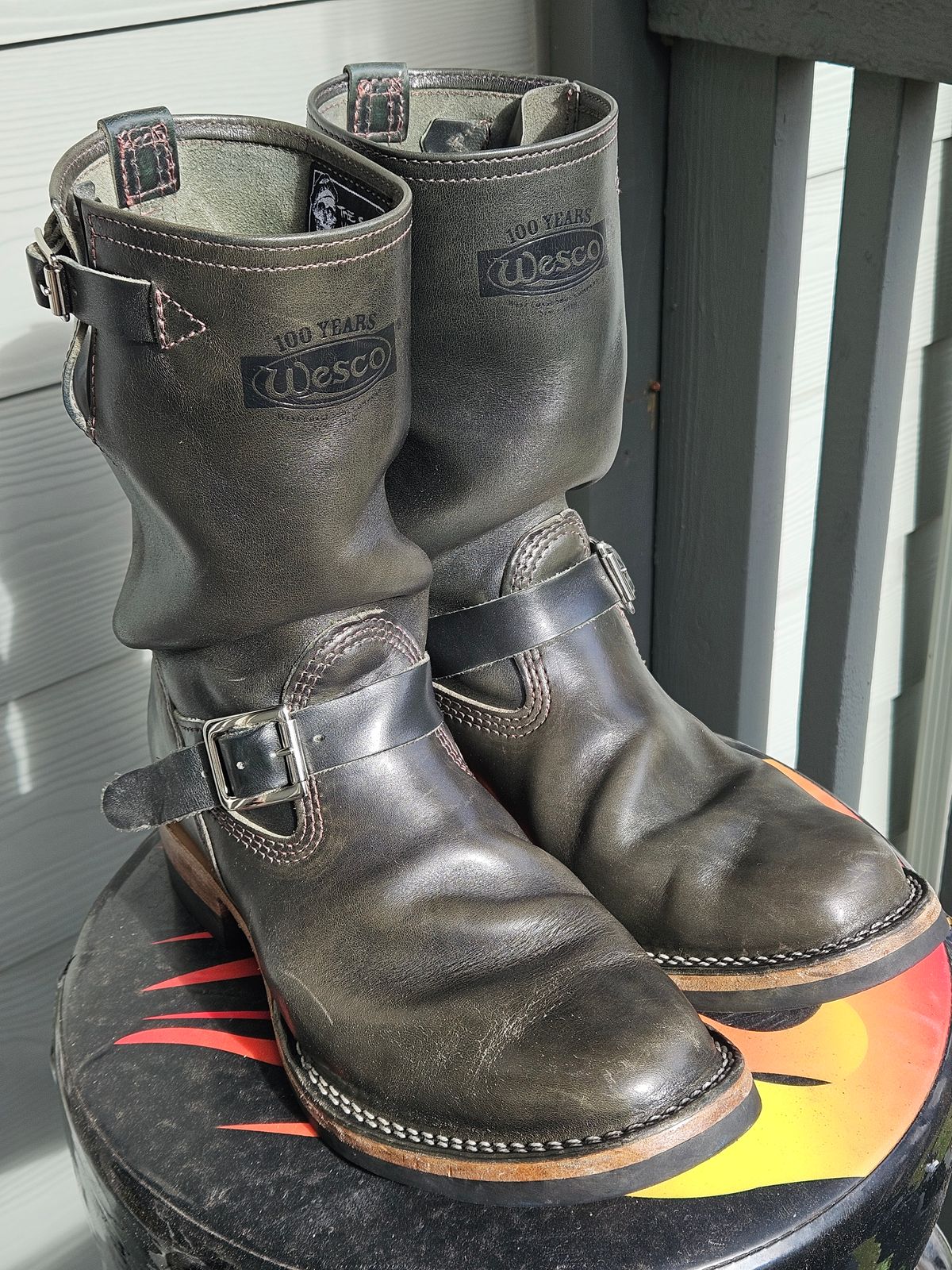 Photo by aDogNamedMerle on November 3, 2024 of the Wesco Mister Lou in Maryam Petrolio Waxed Black Horsehide.