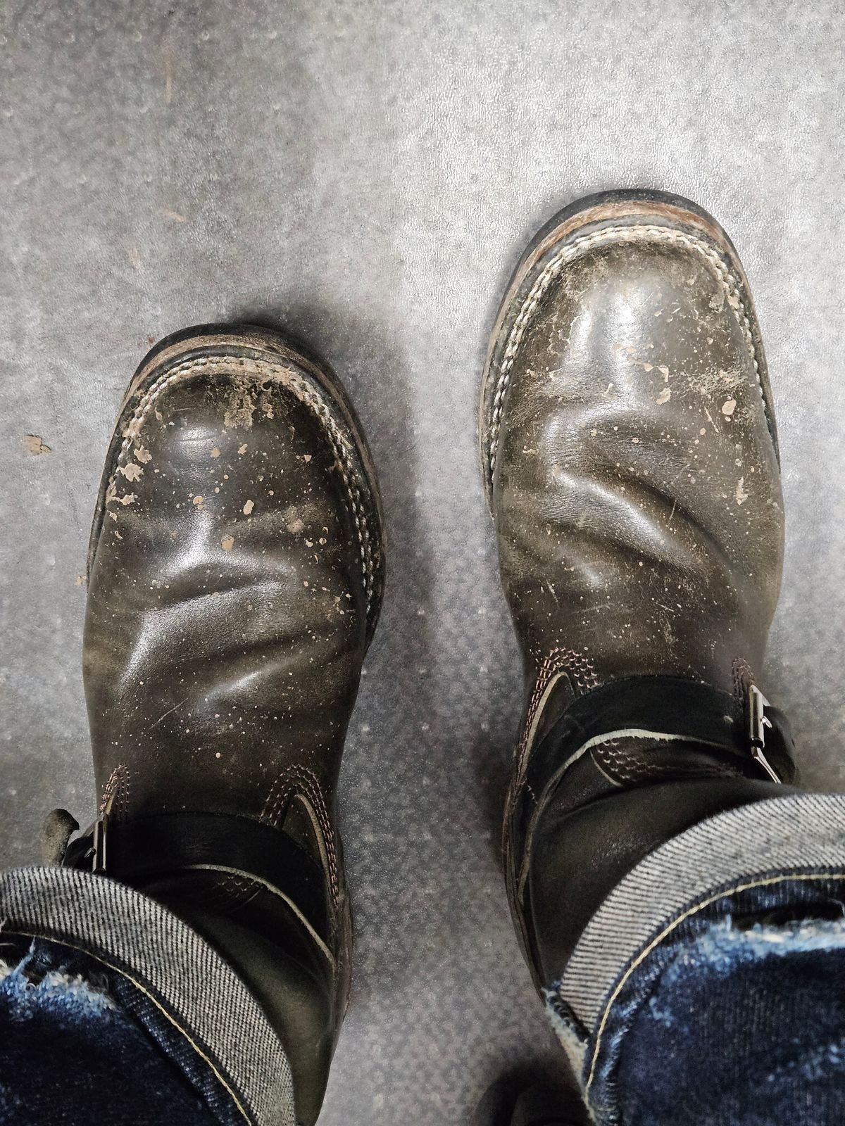 Photo by aDogNamedMerle on February 6, 2025 of the Wesco Mister Lou in Maryam Petrolio Waxed Black Horsehide.