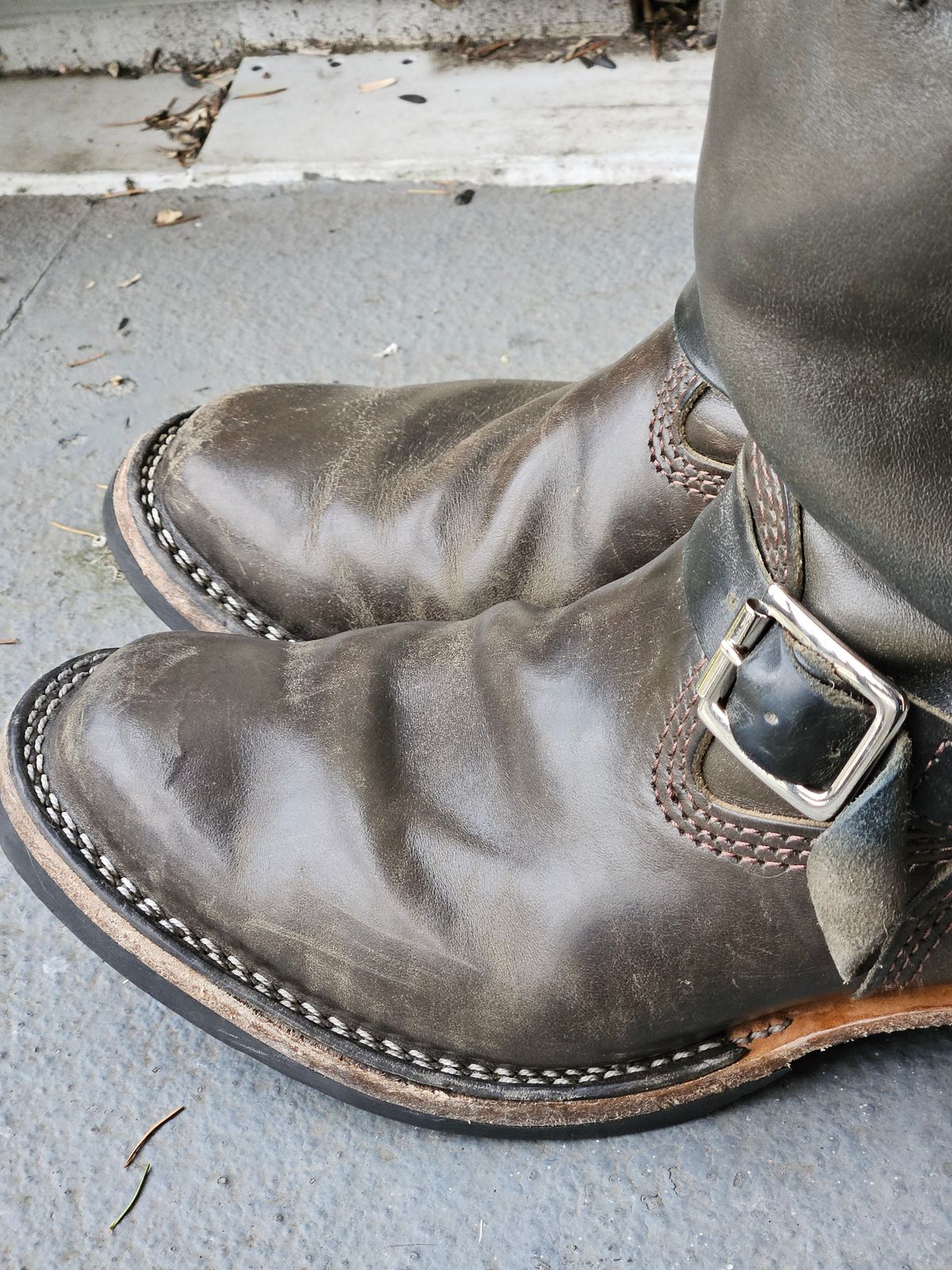 Photo by aDogNamedMerle on March 4, 2025 of the Wesco Mister Lou in Maryam Petrolio Waxed Black Horsehide.
