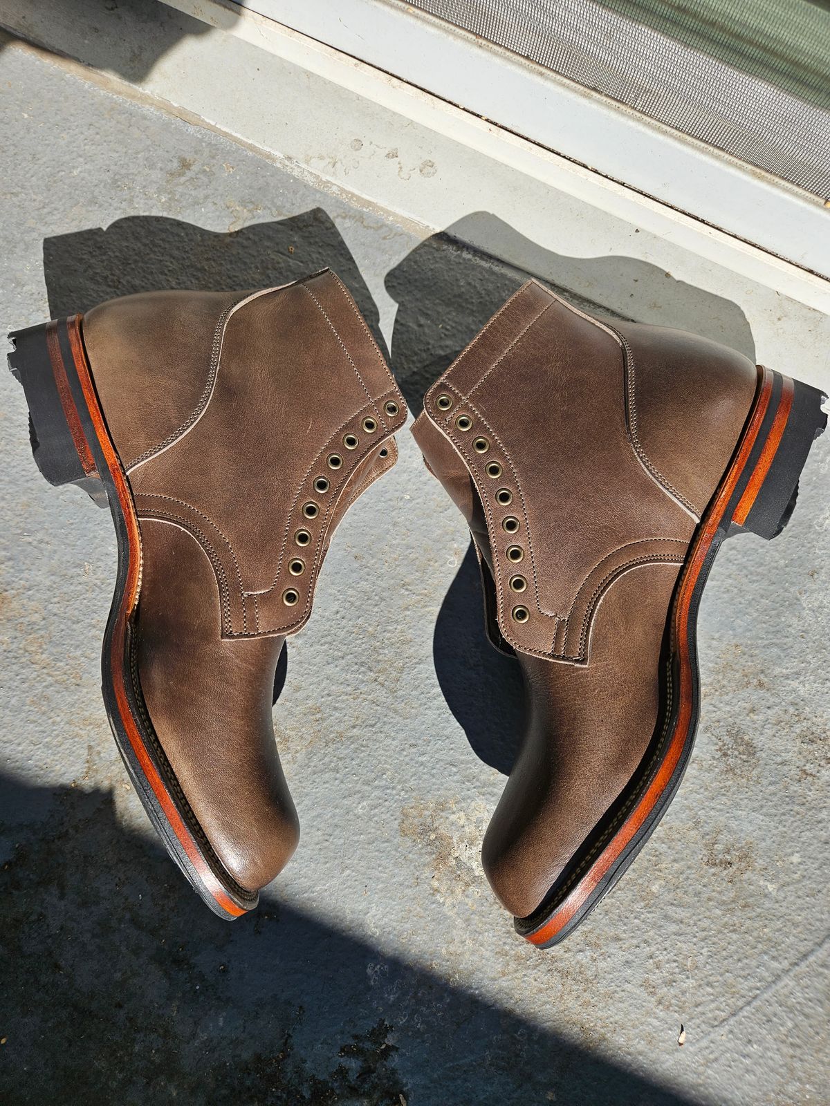 Photo by aDogNamedMerle on September 21, 2023 of the Viberg Service Boot in C.F. Stead Classic Grey Oiled Culatta.