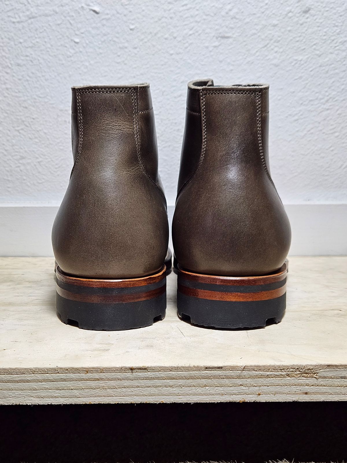 Photo by aDogNamedMerle on October 2, 2023 of the Viberg Service Boot in C.F. Stead Classic Grey Oiled Culatta.