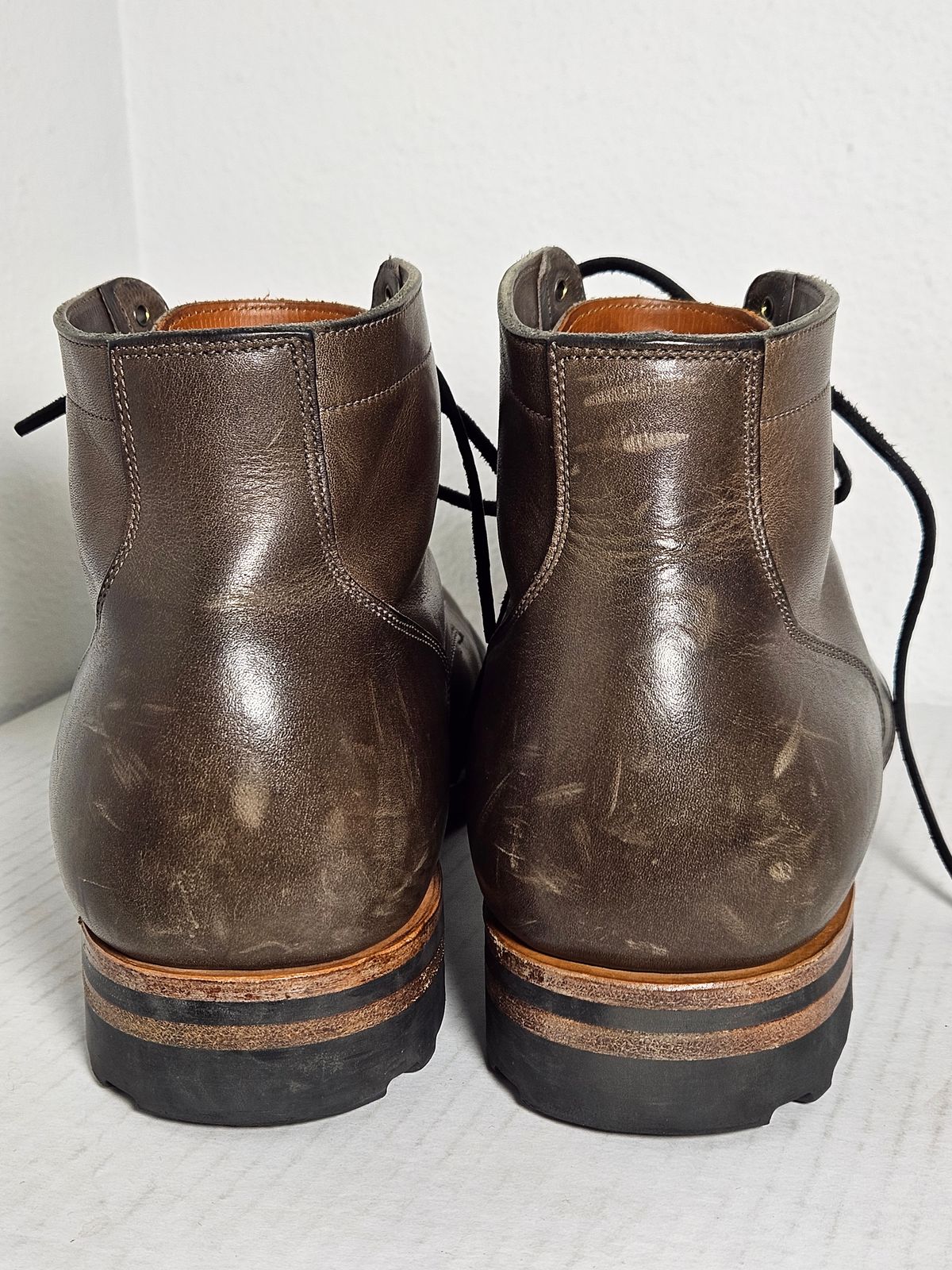 Photo by aDogNamedMerle on November 5, 2023 of the Viberg Service Boot in C.F. Stead Classic Grey Oiled Culatta.