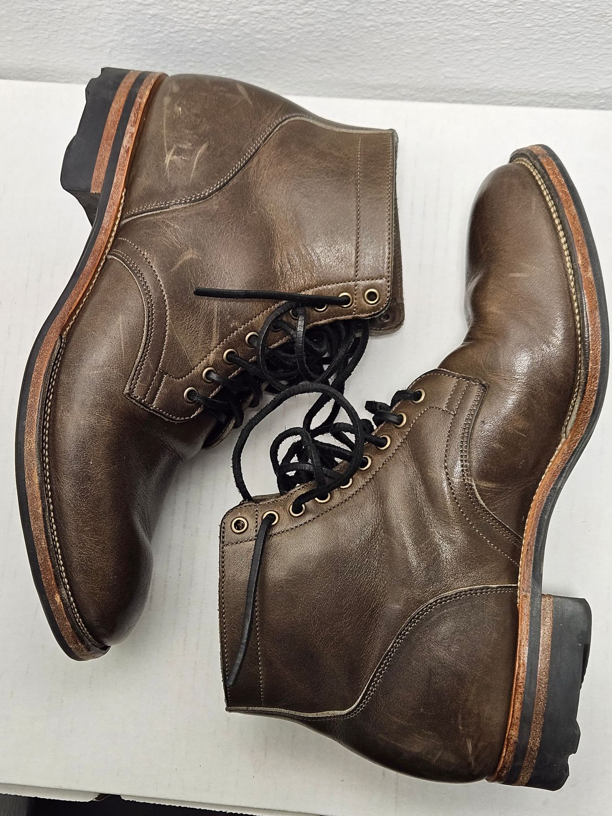 Photo by aDogNamedMerle on November 5, 2023 of the Viberg Service Boot in C.F. Stead Classic Grey Oiled Culatta.