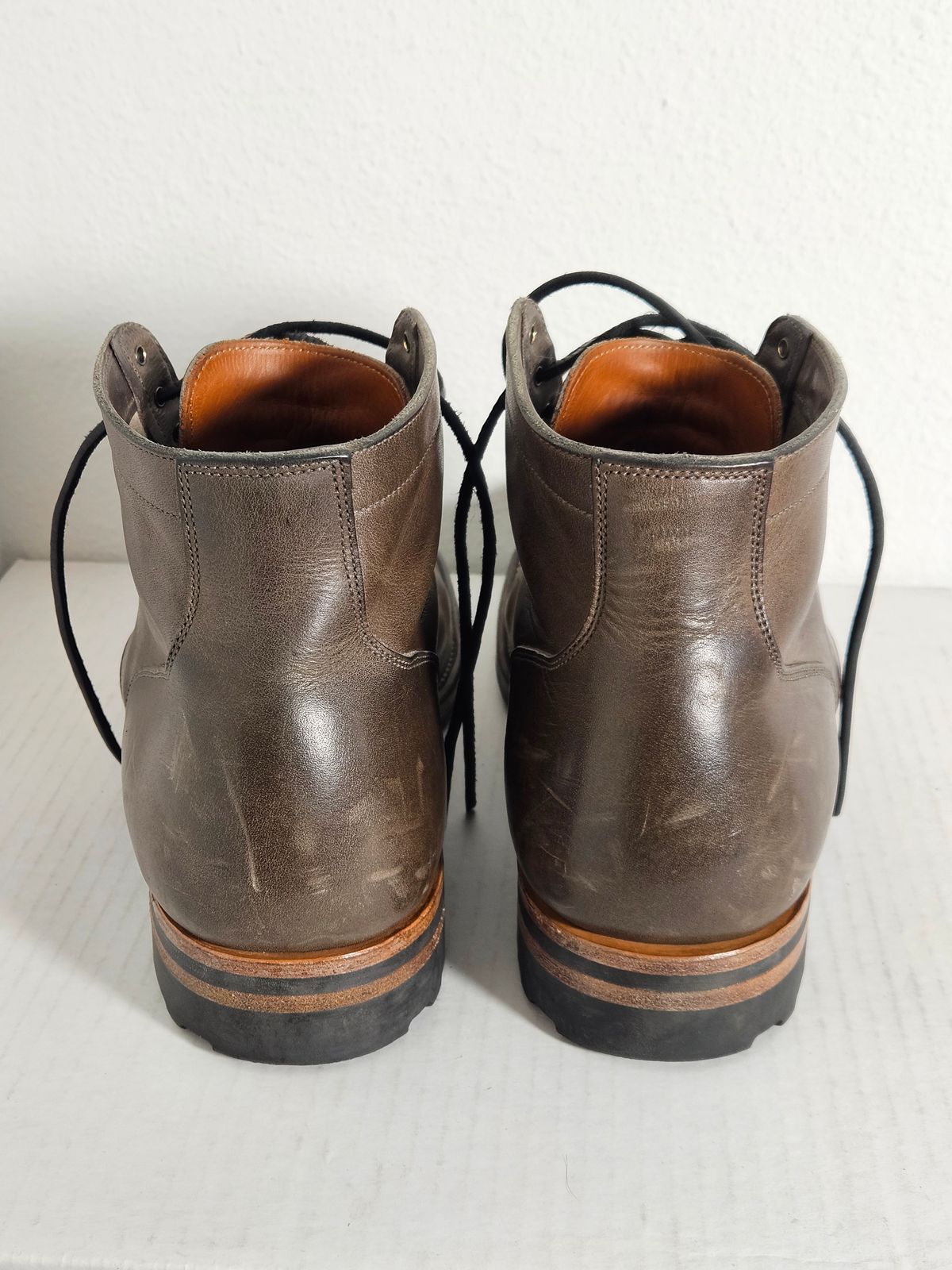 Photo by aDogNamedMerle on December 6, 2023 of the Viberg Service Boot in C.F. Stead Classic Grey Oiled Culatta.