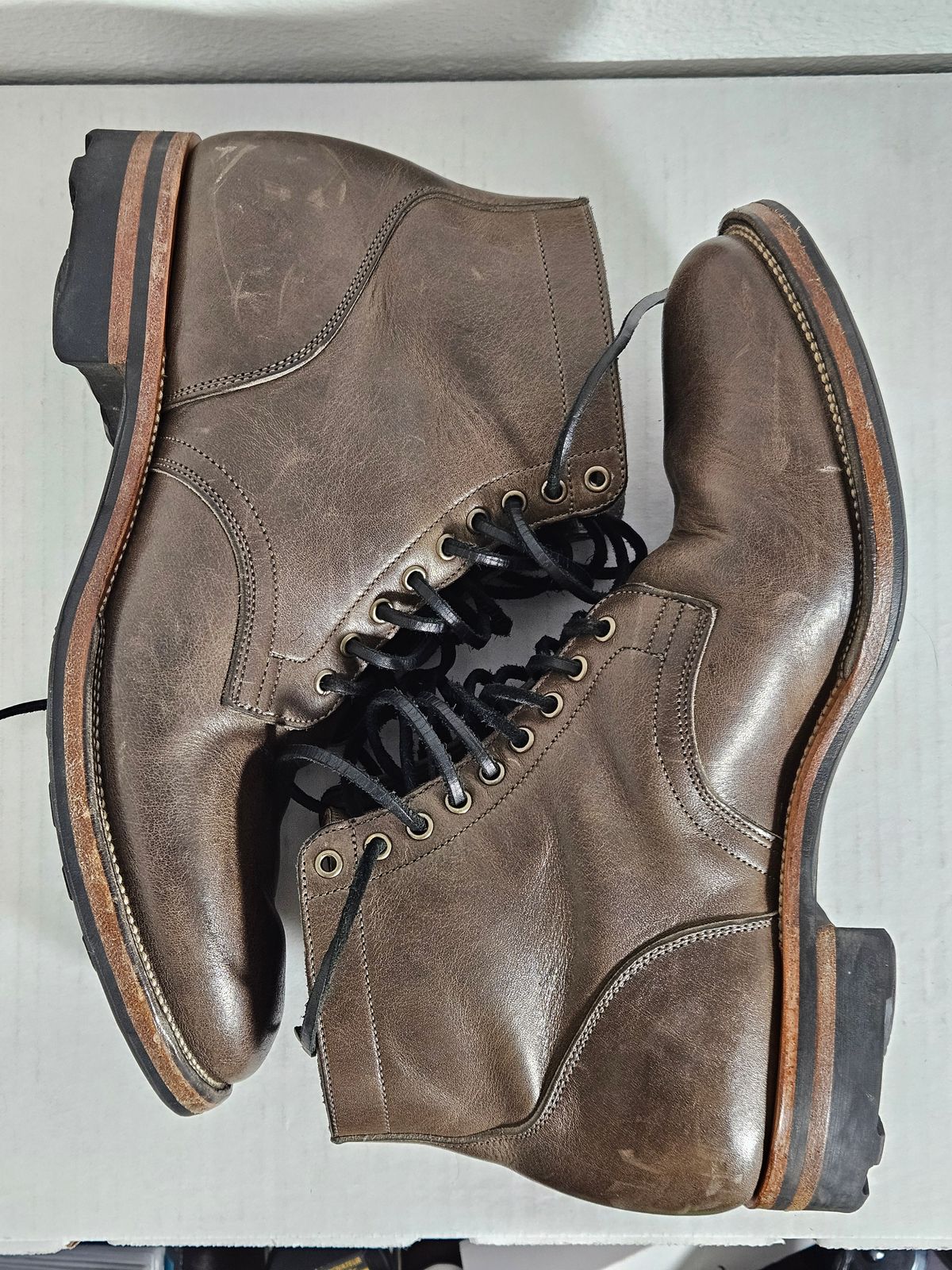 Photo by aDogNamedMerle on December 6, 2023 of the Viberg Service Boot in C.F. Stead Classic Grey Oiled Culatta.
