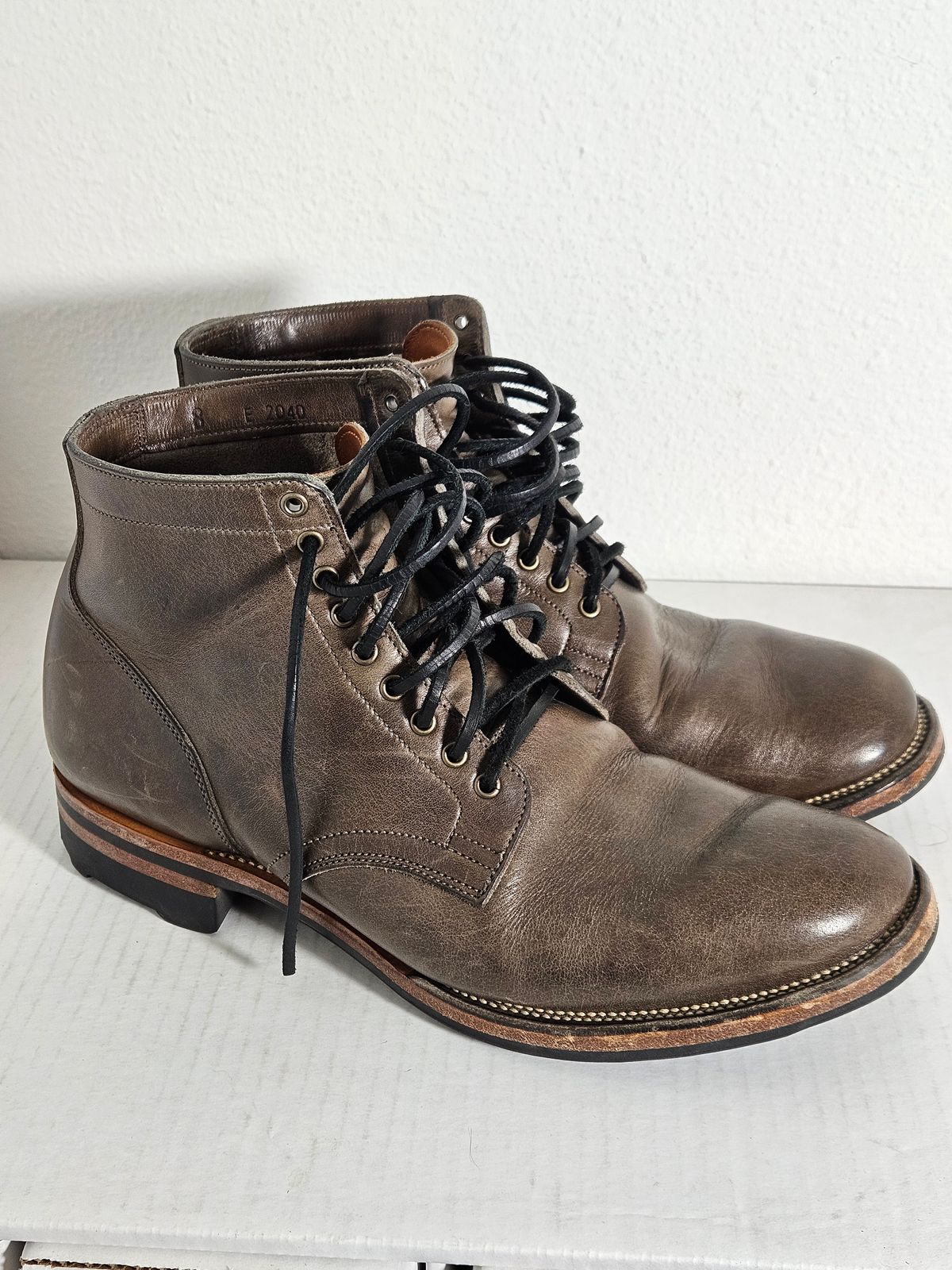 Photo by aDogNamedMerle on December 6, 2023 of the Viberg Service Boot in C.F. Stead Classic Grey Oiled Culatta.