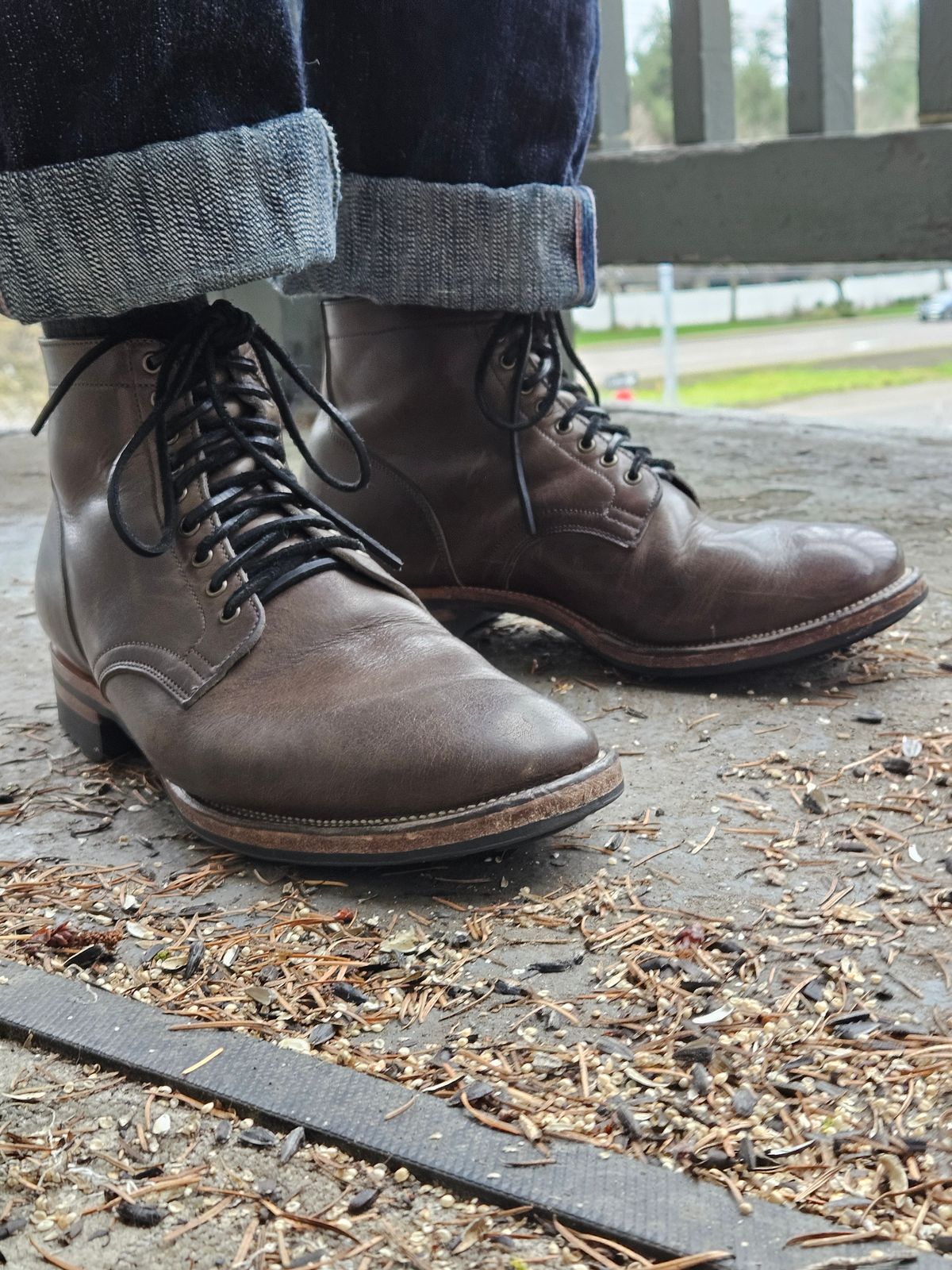 Photo by aDogNamedMerle on January 4, 2024 of the Viberg Service Boot in C.F. Stead Classic Grey Oiled Culatta.