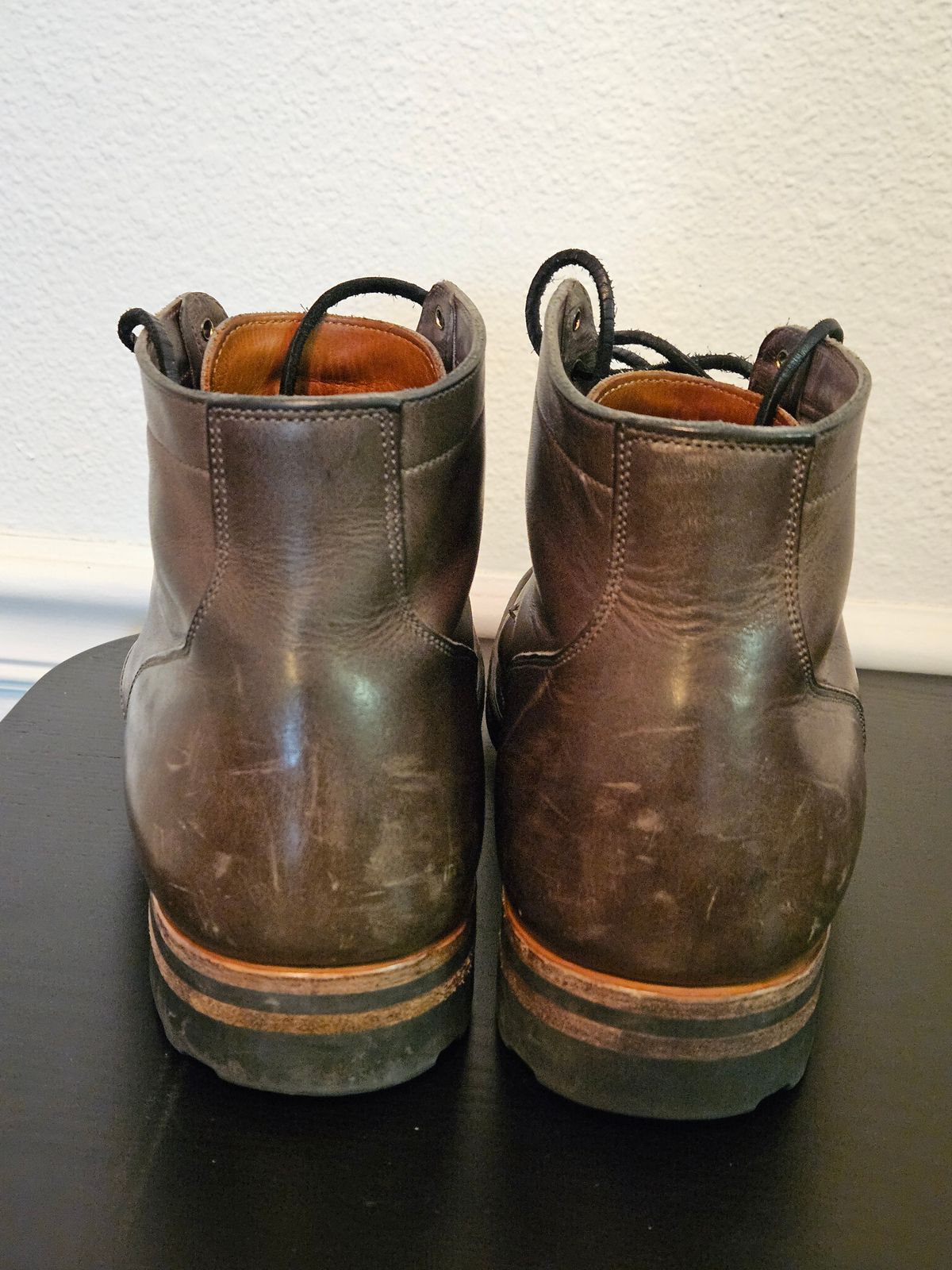 Photo by aDogNamedMerle on February 6, 2024 of the Viberg Service Boot in C.F. Stead Classic Grey Oiled Culatta.