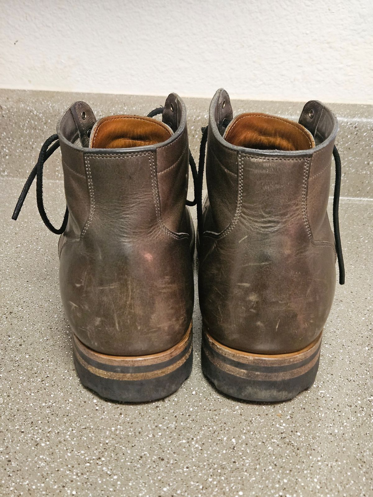 Photo by aDogNamedMerle on April 6, 2024 of the Viberg Service Boot in C.F. Stead Classic Grey Oiled Culatta.