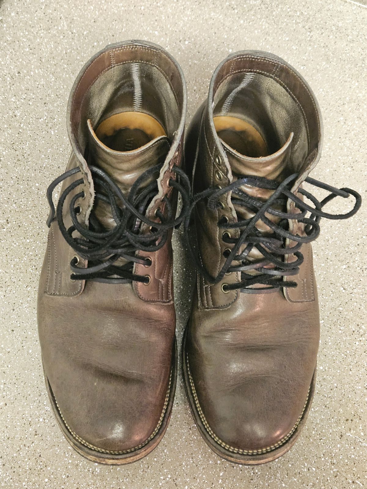 Photo by aDogNamedMerle on April 6, 2024 of the Viberg Service Boot in C.F. Stead Classic Grey Oiled Culatta.