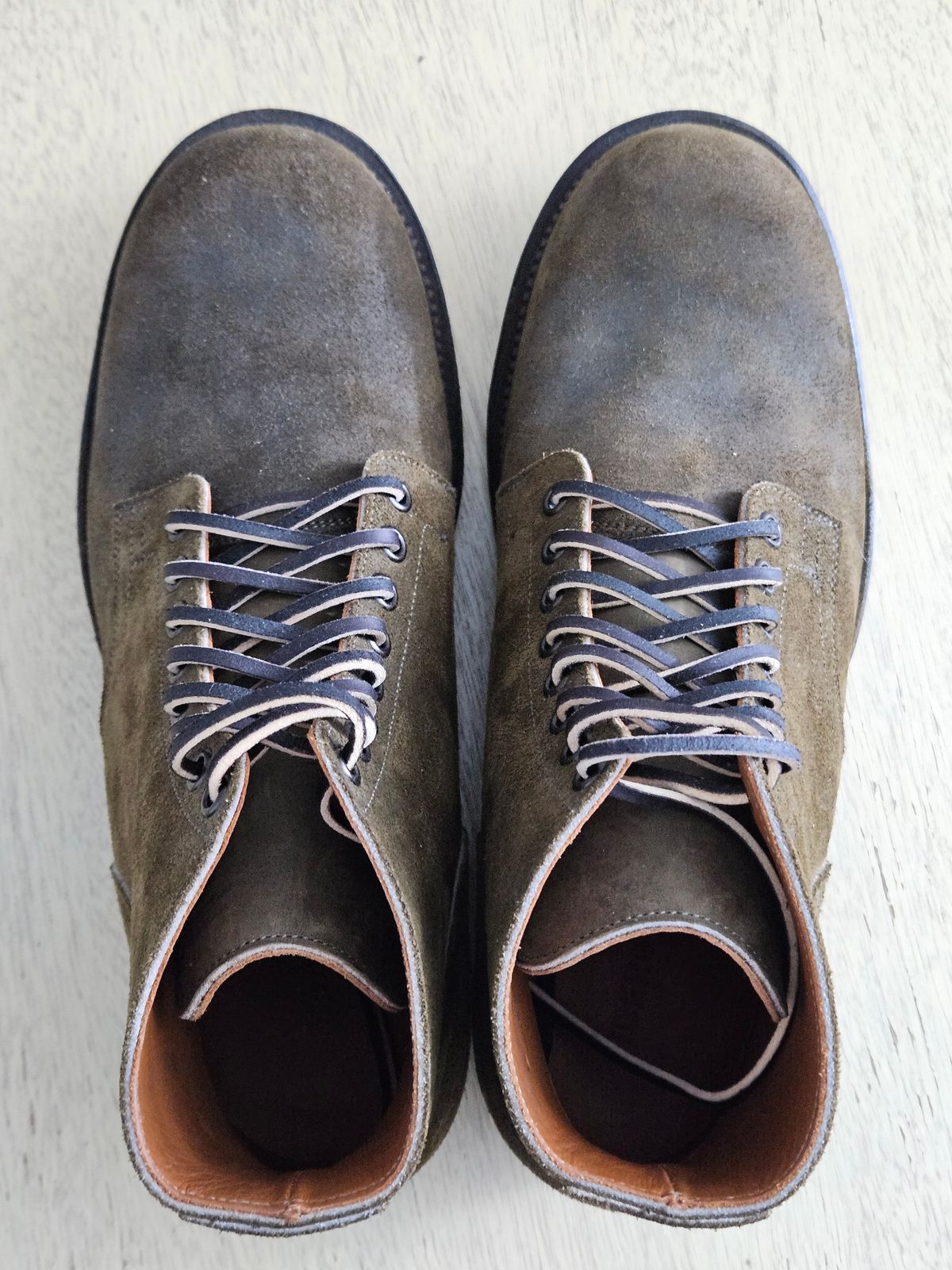 Photo by aDogNamedMerle on October 1, 2024 of the Viberg Service Boot in Horween Mushroom Chamois Roughout.