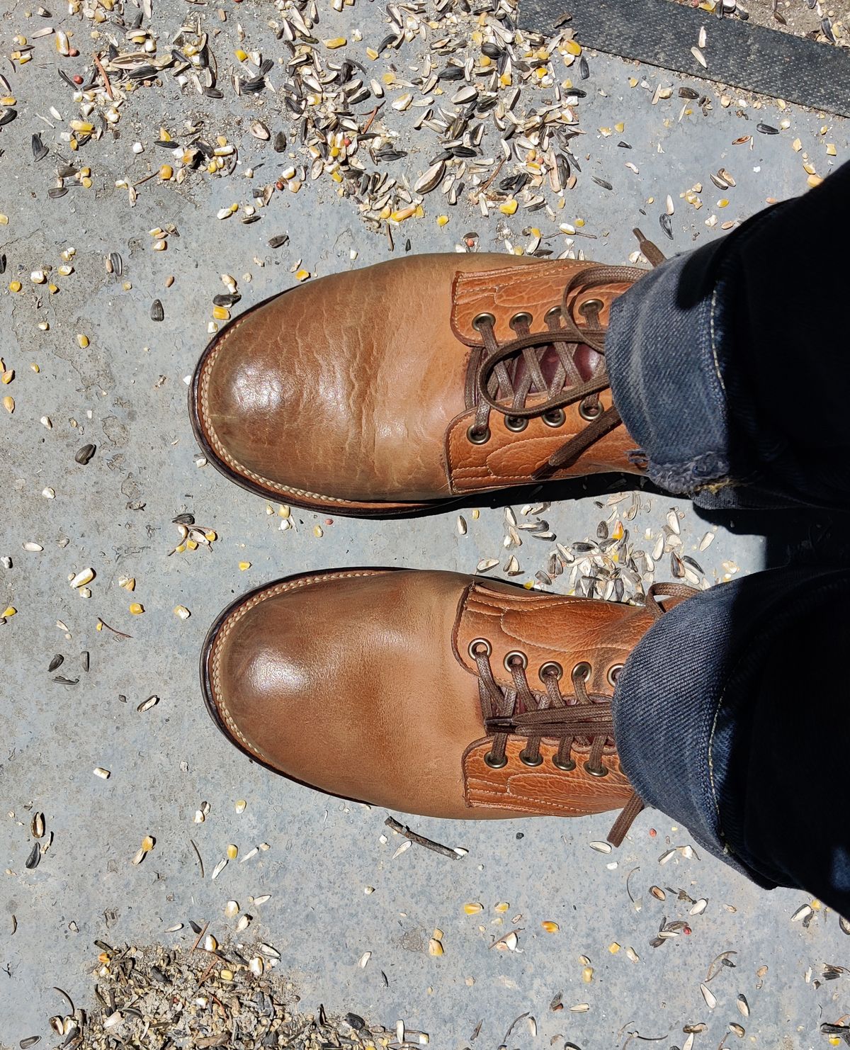 Photo by aDogNamedMerle on May 25, 2023 of the Viberg Service Boot in Shinki Cognac Shrunken Horsebutt.