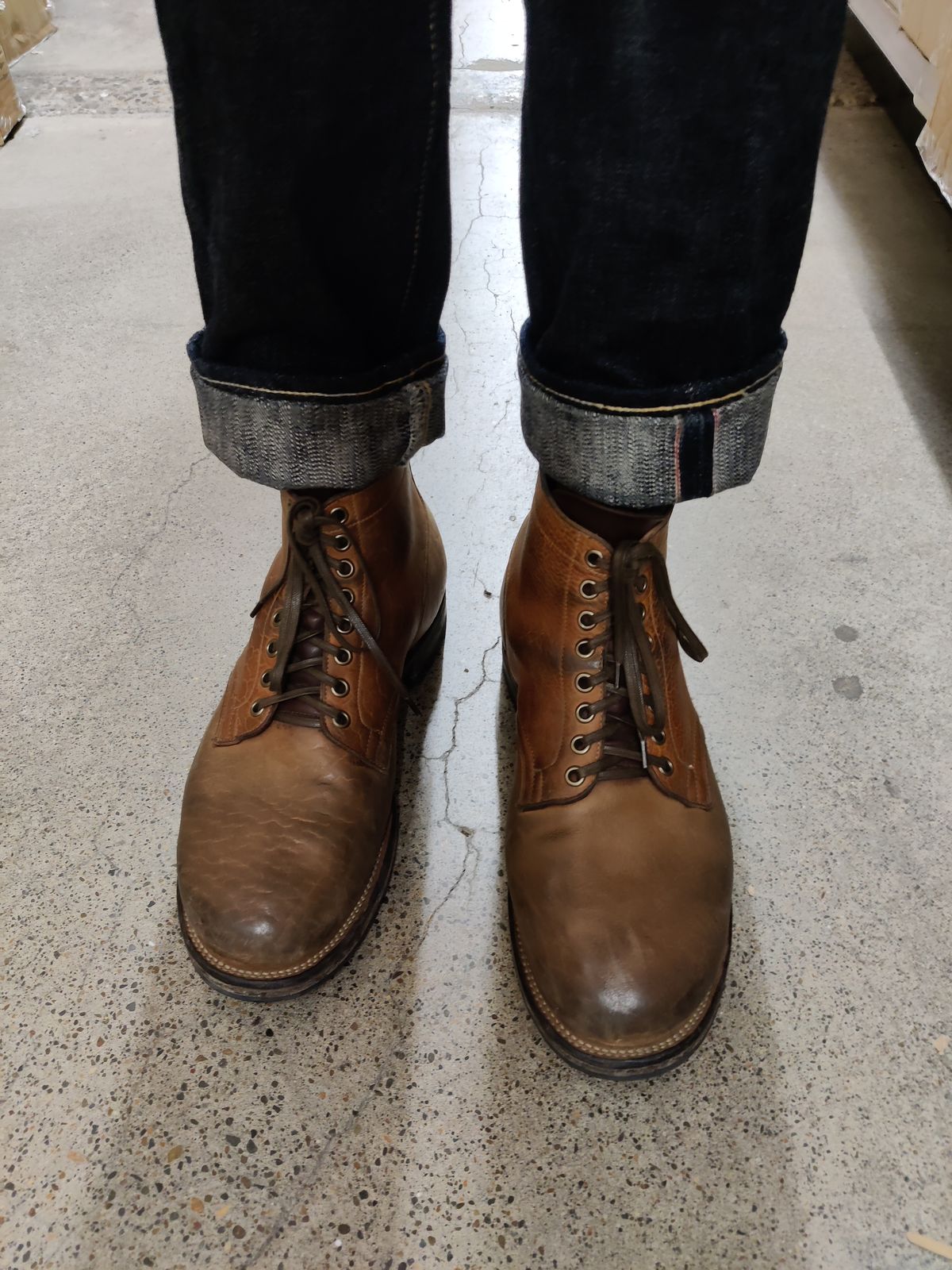 Photo by aDogNamedMerle on August 7, 2023 of the Viberg Service Boot in Shinki Cognac Shrunken Horsebutt.