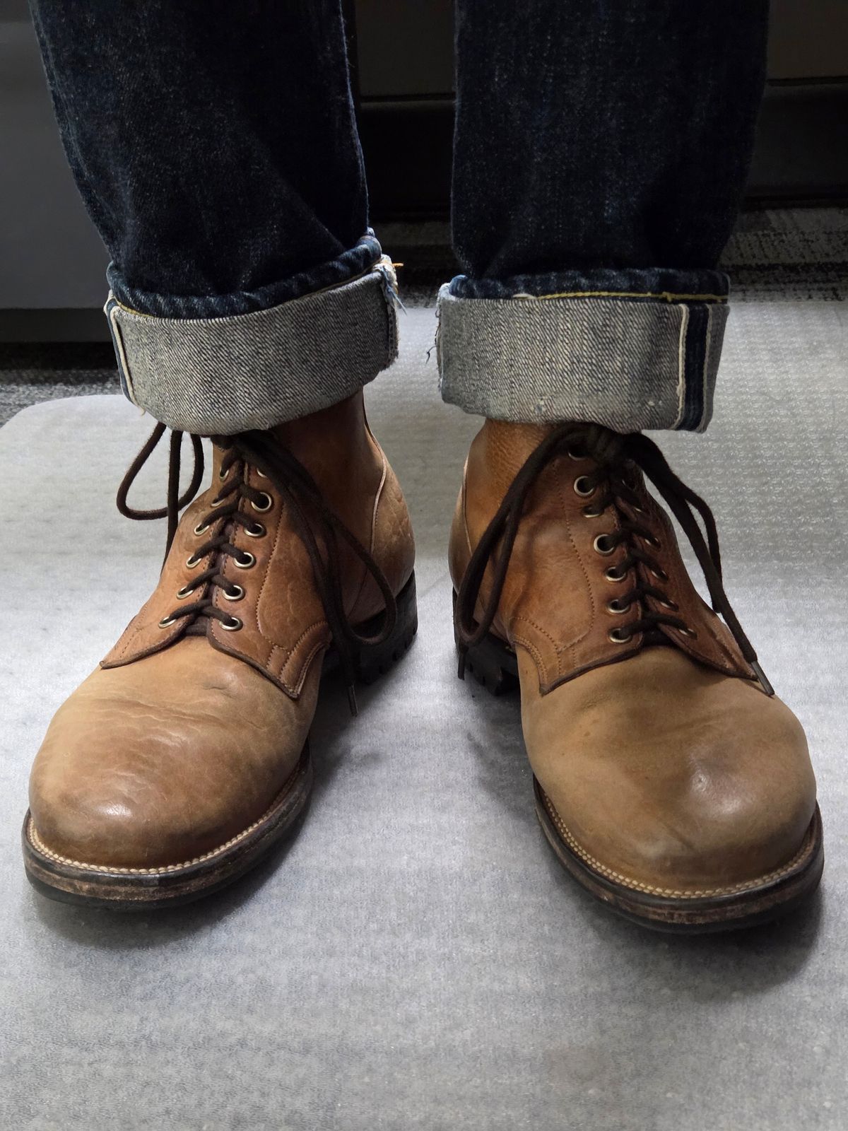 Photo by aDogNamedMerle on May 8, 2026 of the Viberg Service Boot in Shinki Cognac Shrunken Horsebutt.