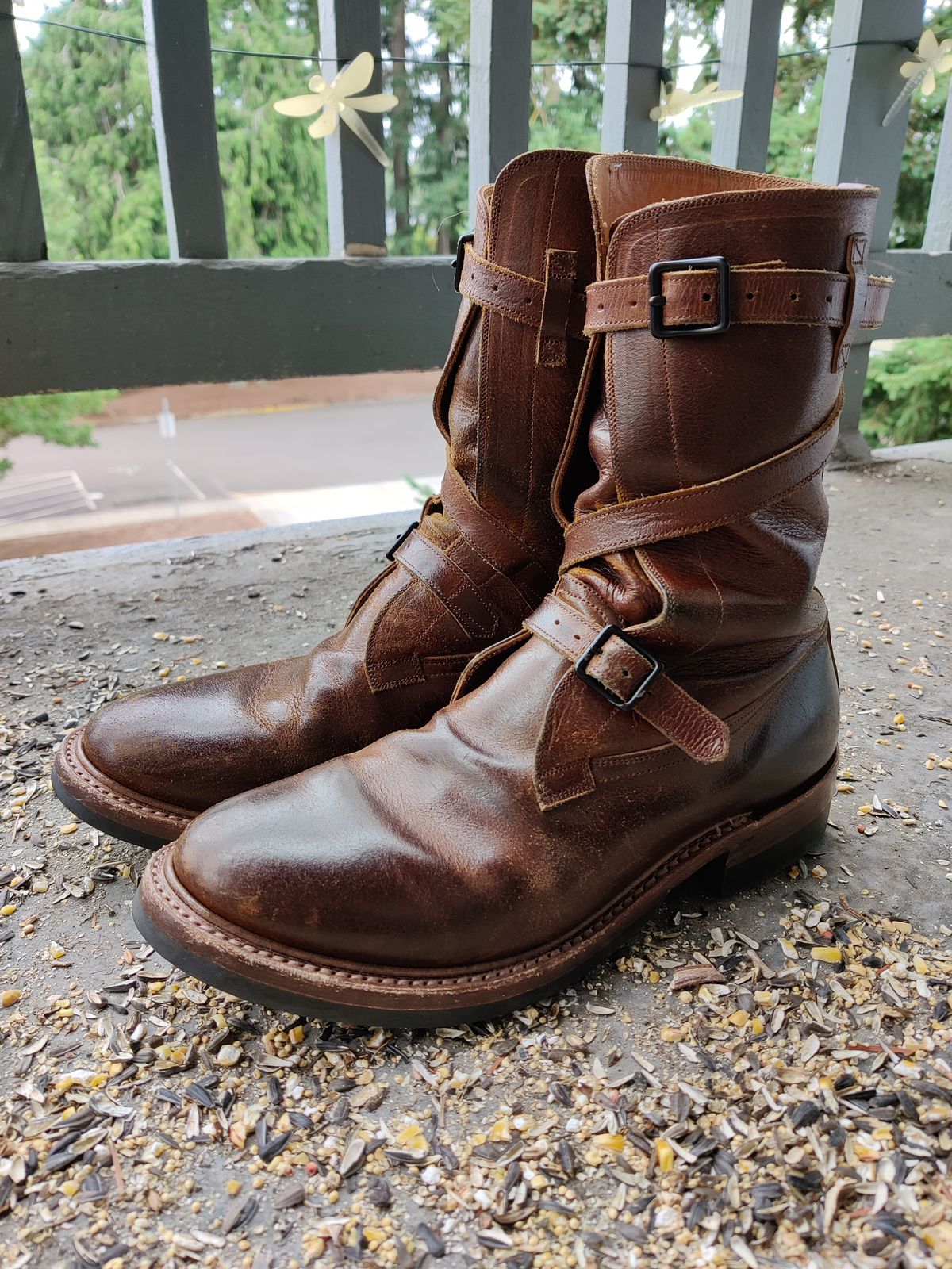 Photo by aDogNamedMerle on July 10, 2023 of the Eastman Leather Tanker Boots in Horween Havana Burnished Roughout.