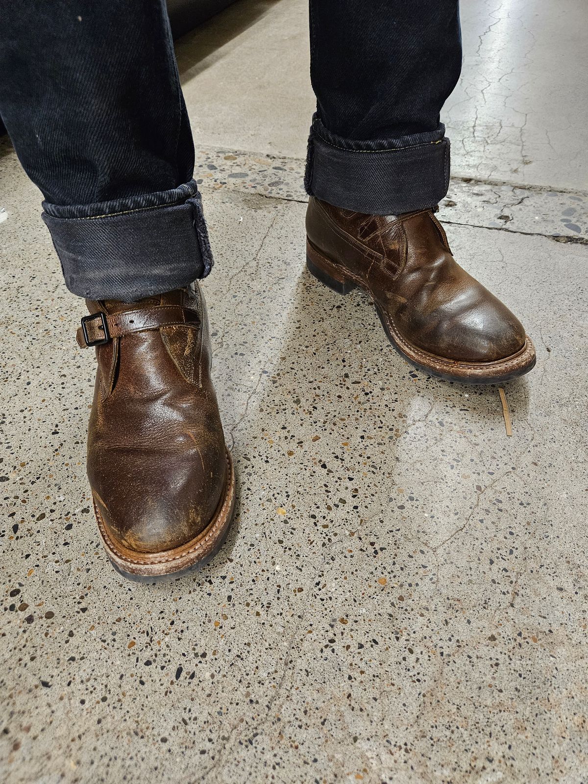 Photo by aDogNamedMerle on August 22, 2023 of the Eastman Leather Tanker Boots in Horween Havana Burnished Roughout.