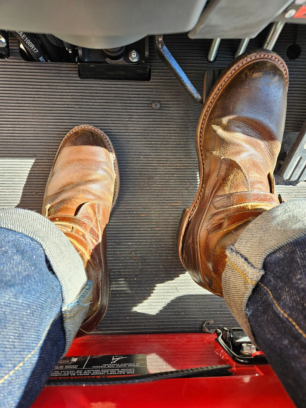 Photo by aDogNamedMerle on September 19, 2023 of the Eastman Leather Tanker Boots in Horween Havana Burnished Roughout.