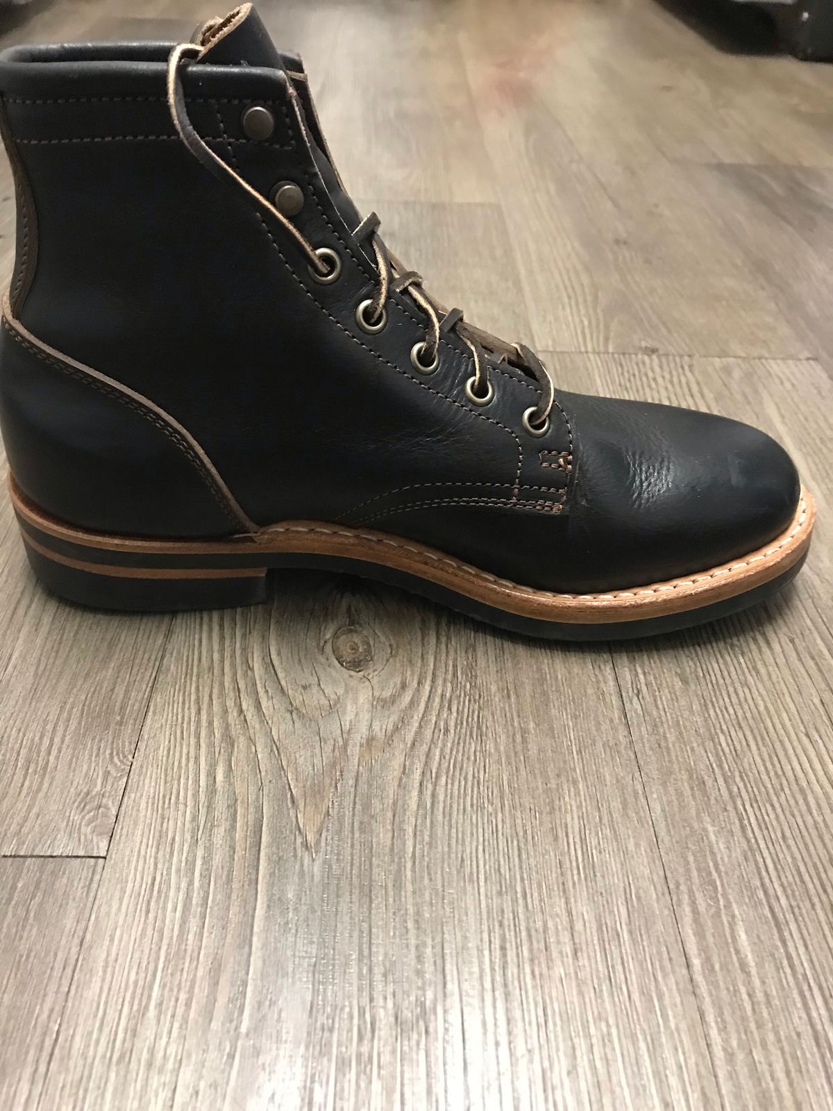 Photo by earvinquero on October 3, 2022 of the Truman Service Boot in Horween Black Teacore Chromexcel.