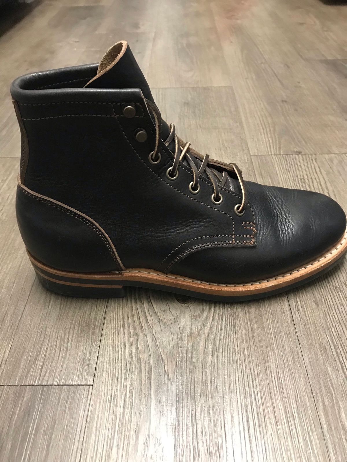 Photo by earvinquero on October 3, 2022 of the Truman Service Boot in Horween Black Teacore Chromexcel.