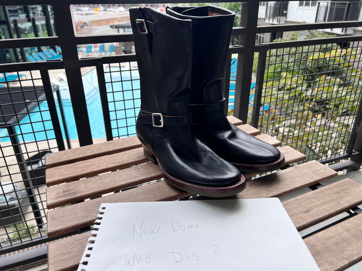 Photo by A_Clockwork_Yifan on October 1, 2025 of the Lost Boys (Formerly King Boots) Engineer Boots in Black Teacore Shinki Shrunken Horsefront.
