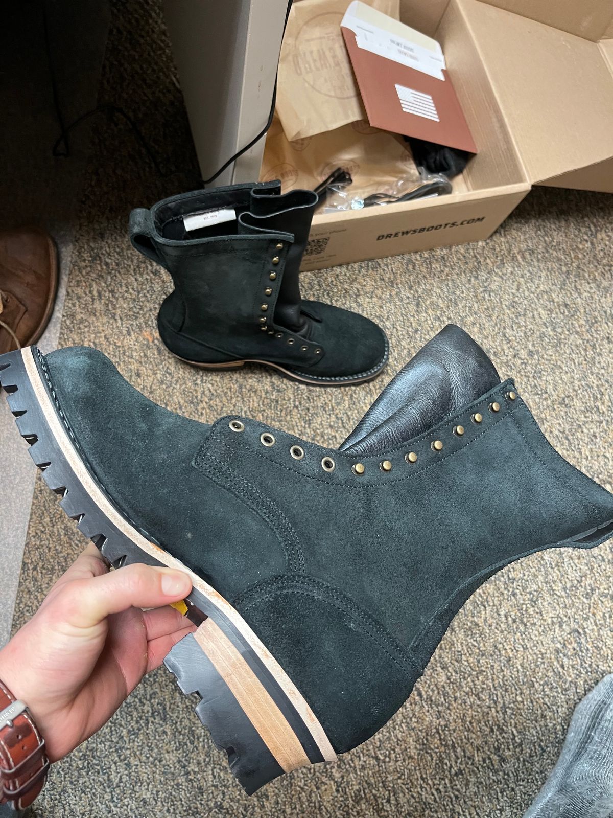 Photo by annoyinginstep on January 5, 2023 of the Drew's Boots in Black Roughout.