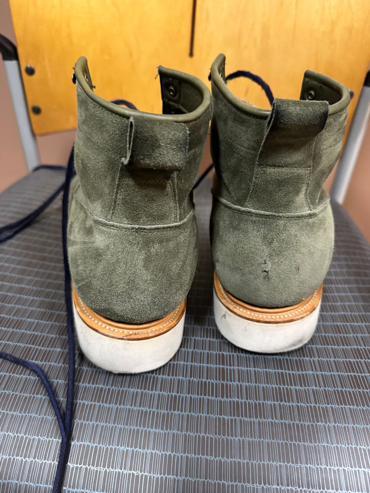 Photo by canary on November 6, 2024 of the Viberg Scout Boot in C.F. Stead Emerald Green Janus Calf Suede.