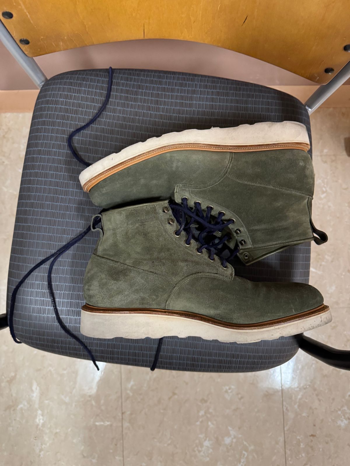 Photo by canary on November 6, 2024 of the Viberg Scout Boot in C.F. Stead Emerald Green Janus Calf Suede.