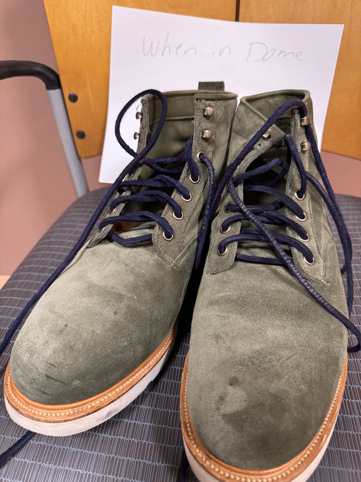 Photo by canary on November 6, 2024 of the Viberg Scout Boot in C.F. Stead Emerald Green Janus Calf Suede.