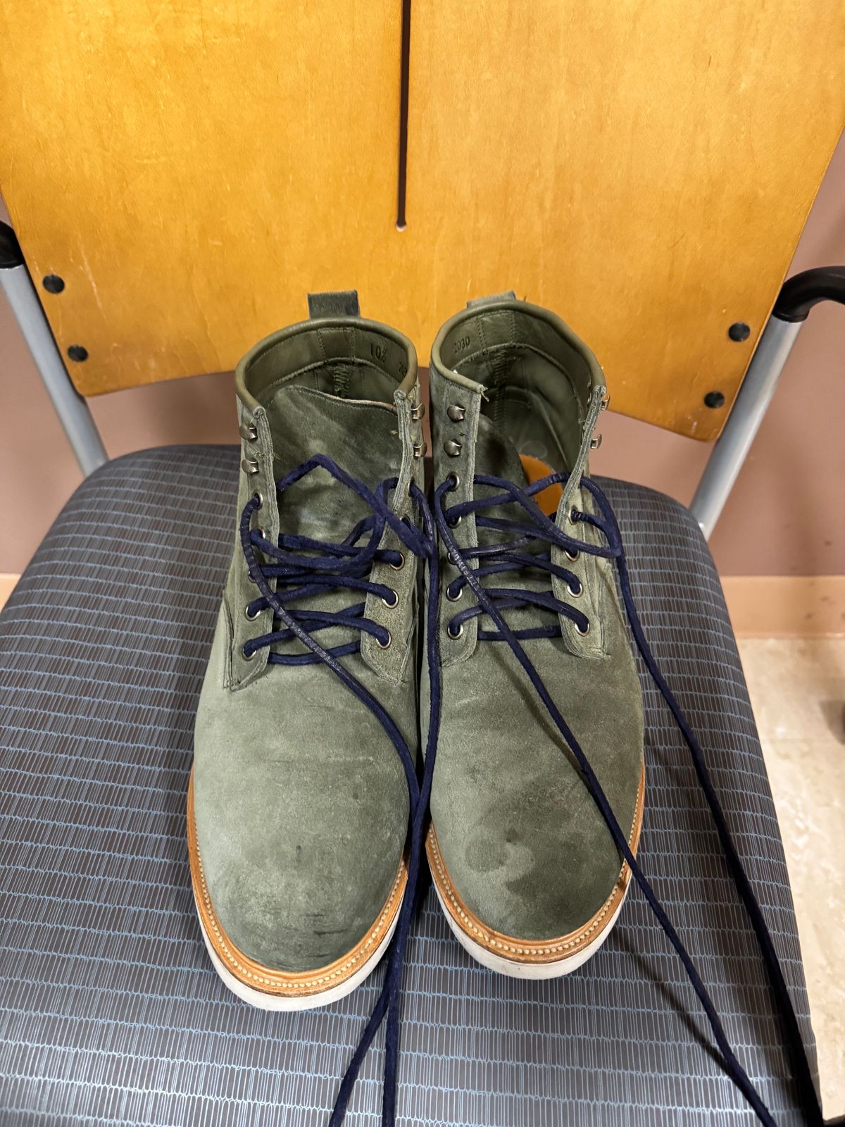 Photo by canary on November 6, 2024 of the Viberg Scout Boot in C.F. Stead Emerald Green Janus Calf Suede.