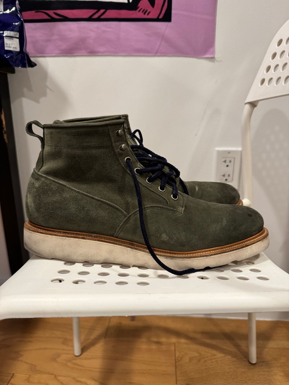 Photo by canary on December 6, 2024 of the Viberg Scout Boot in C.F. Stead Emerald Green Janus Calf Suede.