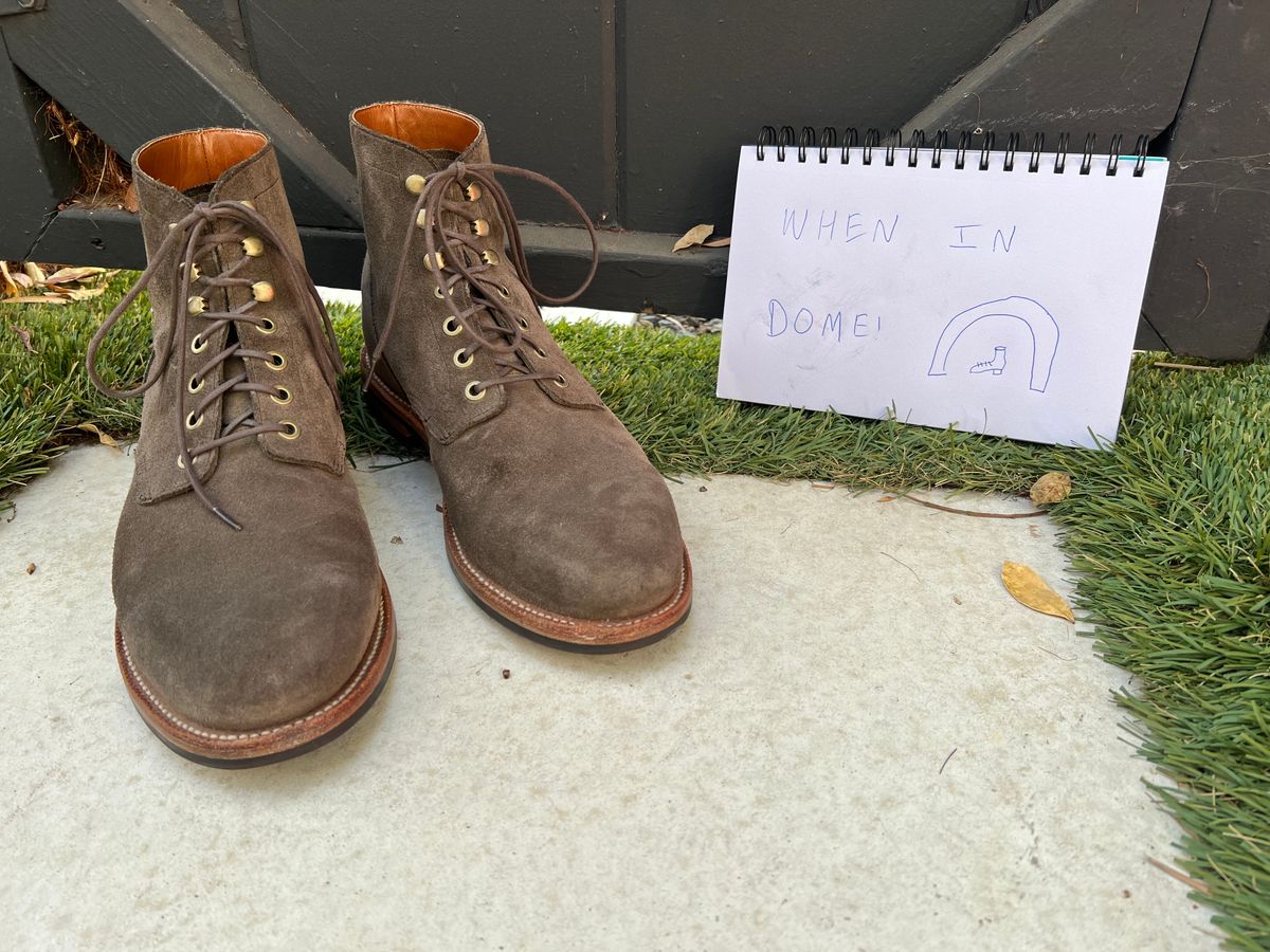 Photo by heroyjenkins on November 1, 2024 of the Grant Stone Diesel Boot in C.F. Stead Loden Janus Calf Suede.