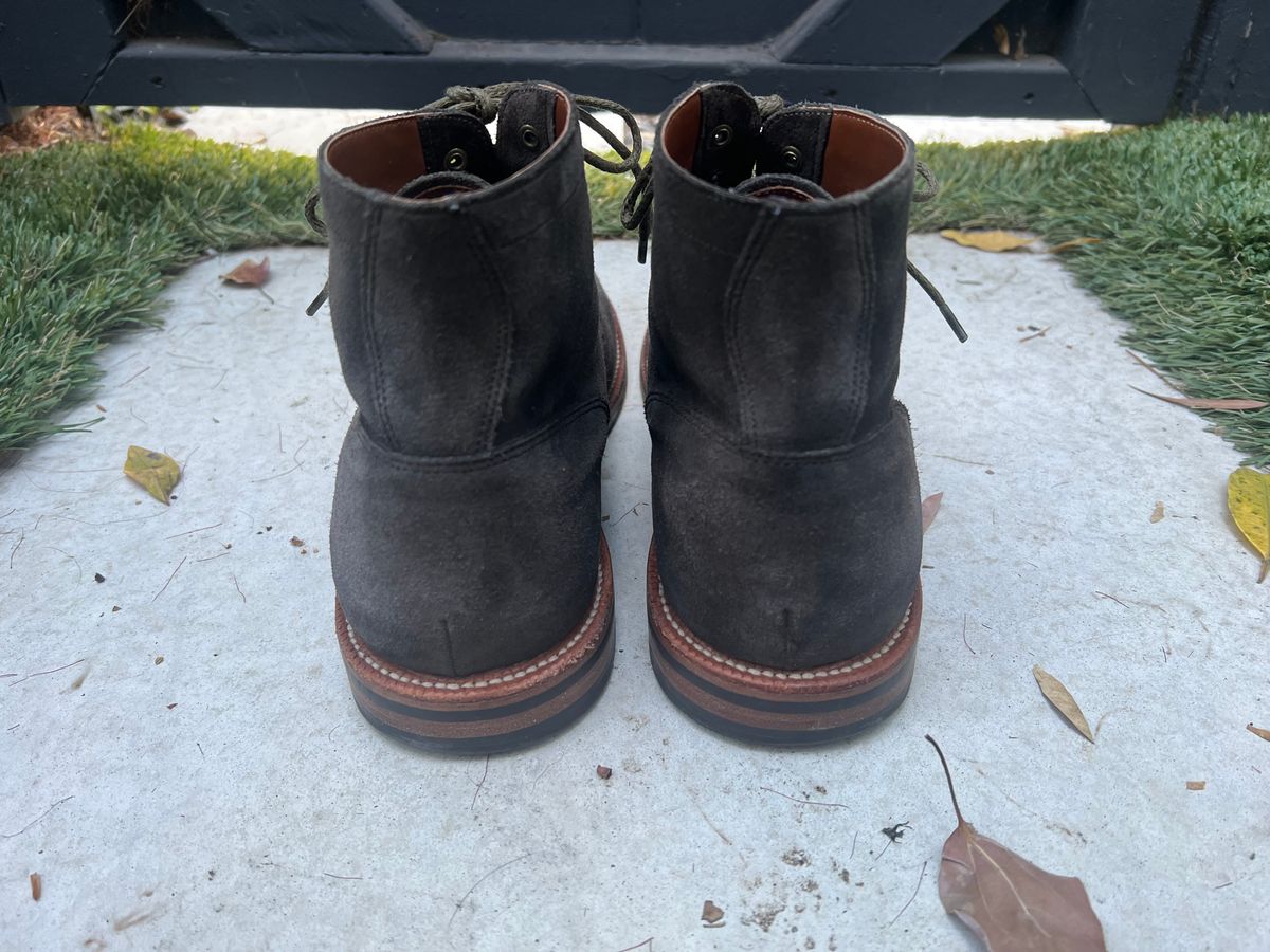 Photo by heroyjenkins on December 1, 2024 of the Grant Stone Diesel Boot in C.F. Stead Loden Janus Calf Suede.