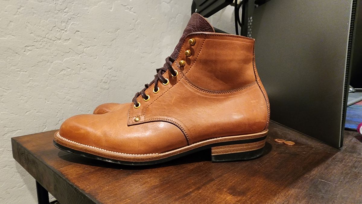 Photo by jranders52 on December 5, 2023 of the Iron Boots x Østmo Type 1 in Maryam Light Brown Washed Horsehide.