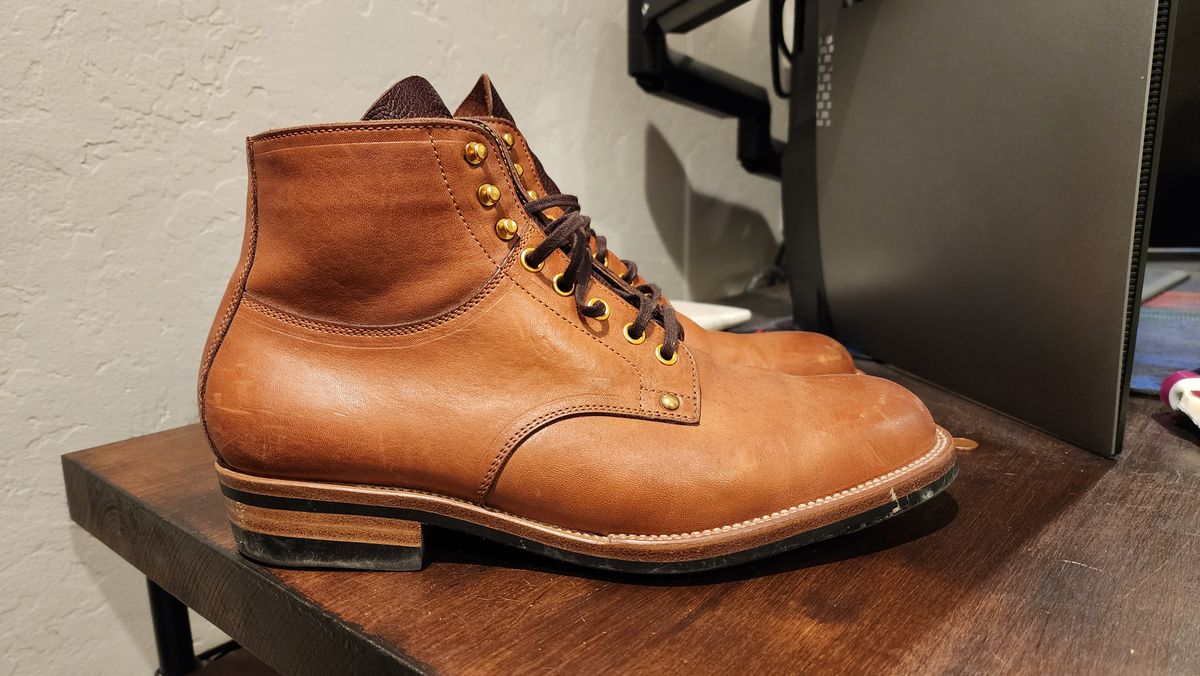 Photo by jranders52 on December 5, 2023 of the Iron Boots x Østmo Type 1 in Maryam Light Brown Washed Horsehide.