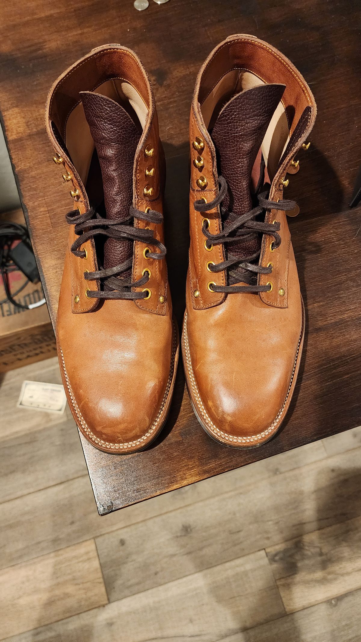 Photo by jranders52 on December 5, 2023 of the Iron Boots x Østmo Type 1 in Maryam Light Brown Washed Horsehide.