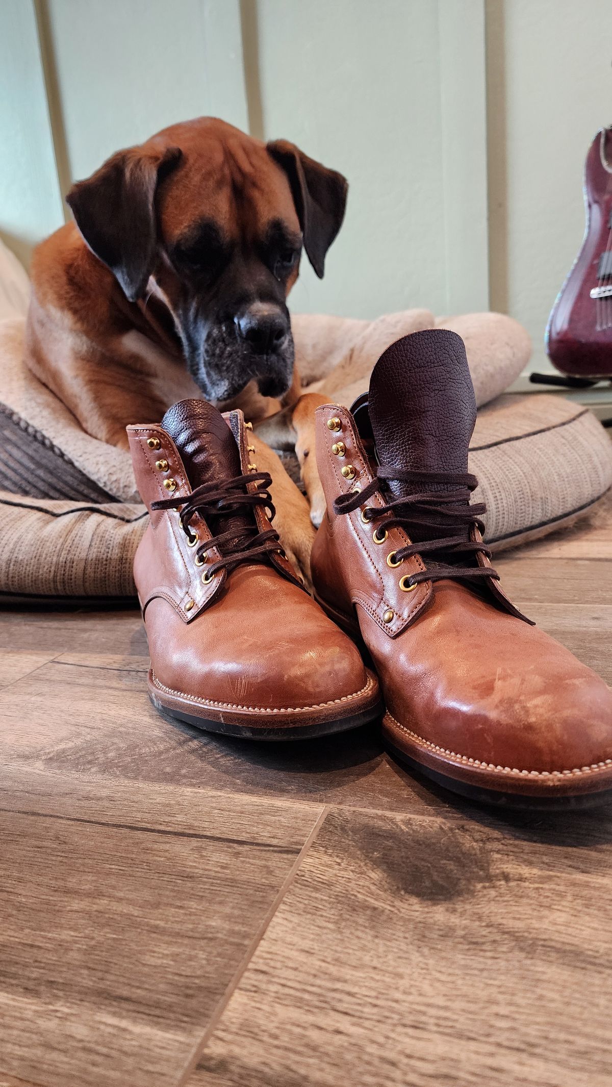 Photo by jranders52 on January 3, 2024 of the Iron Boots x Østmo Type 1 in Maryam Light Brown Washed Horsehide.