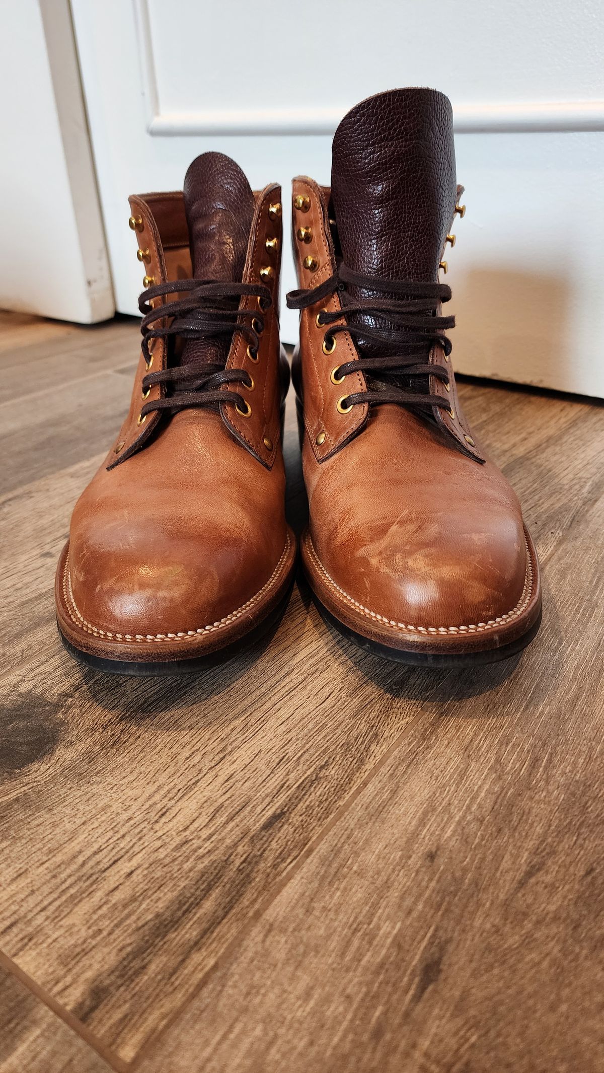 Photo by jranders52 on January 3, 2024 of the Iron Boots x Østmo Type 1 in Maryam Light Brown Washed Horsehide.