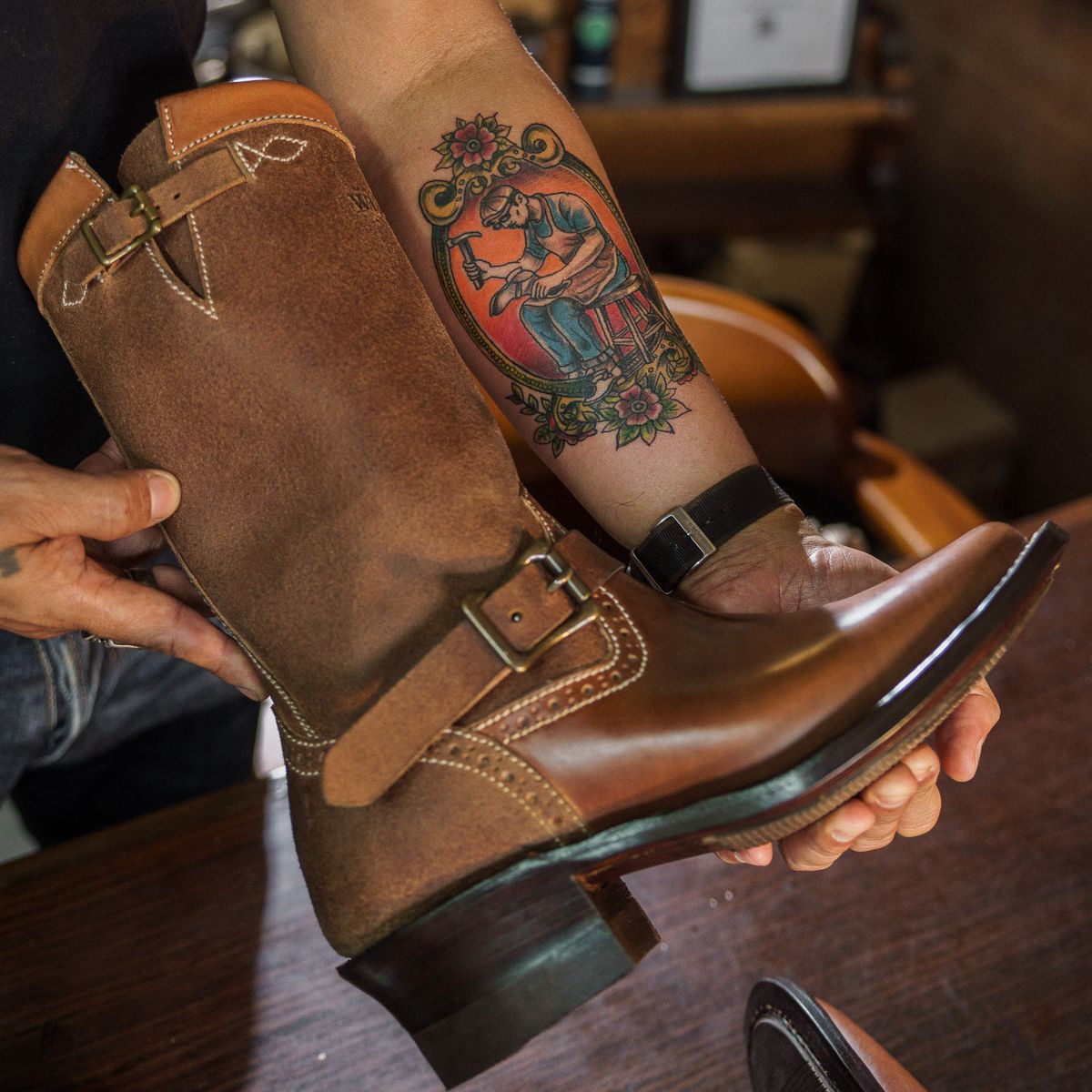 Photo by William on November 3, 2025 of the Willie's Handmade Boots Engineer Boots in Maryam Natural Waxed Reverse Horsebutt.