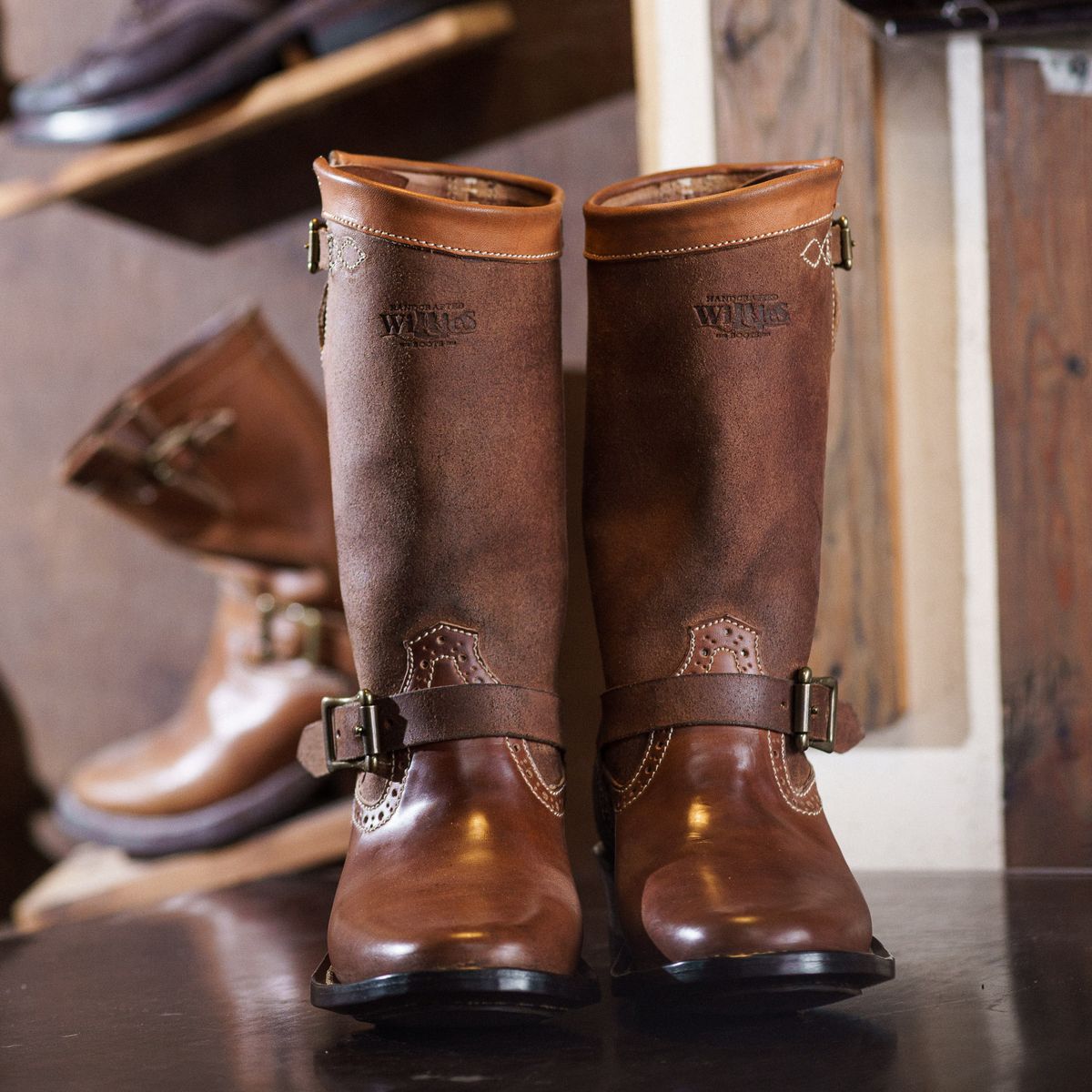 Photo by William on November 3, 2025 of the Willie's Handmade Boots Engineer Boots in Maryam Natural Waxed Reverse Horsebutt.