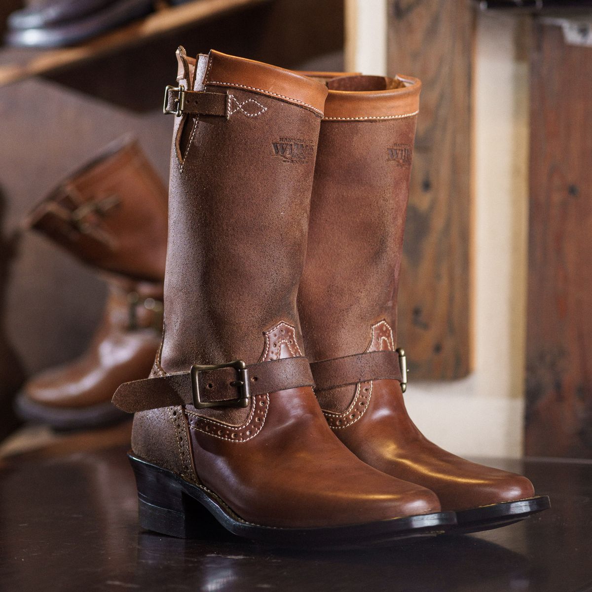 Photo by William on November 3, 2025 of the Willie's Handmade Boots Engineer Boots in Maryam Natural Waxed Reverse Horsebutt.