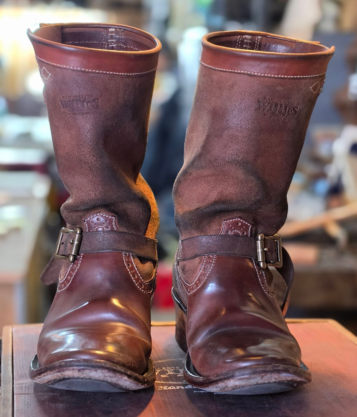 Photo by William on April 6, 2026 of the Willie's Handmade Boots Engineer Boots in Maryam Natural Waxed Reverse Horsebutt.