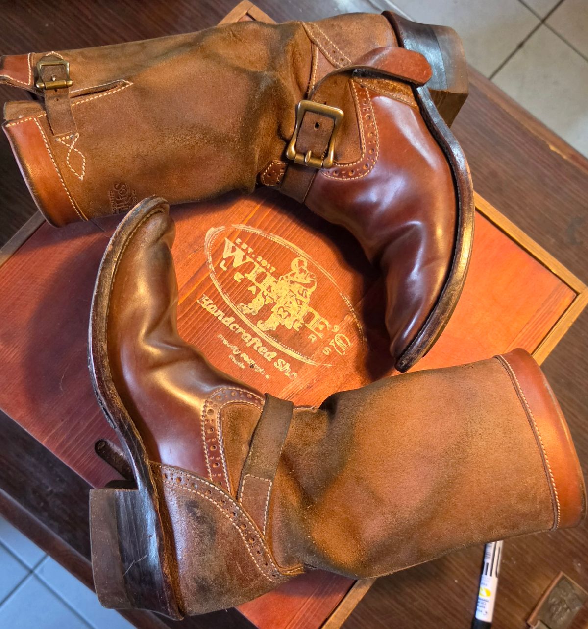 Photo by William on April 6, 2026 of the Willie's Handmade Boots Engineer Boots in Maryam Natural Waxed Reverse Horsebutt.