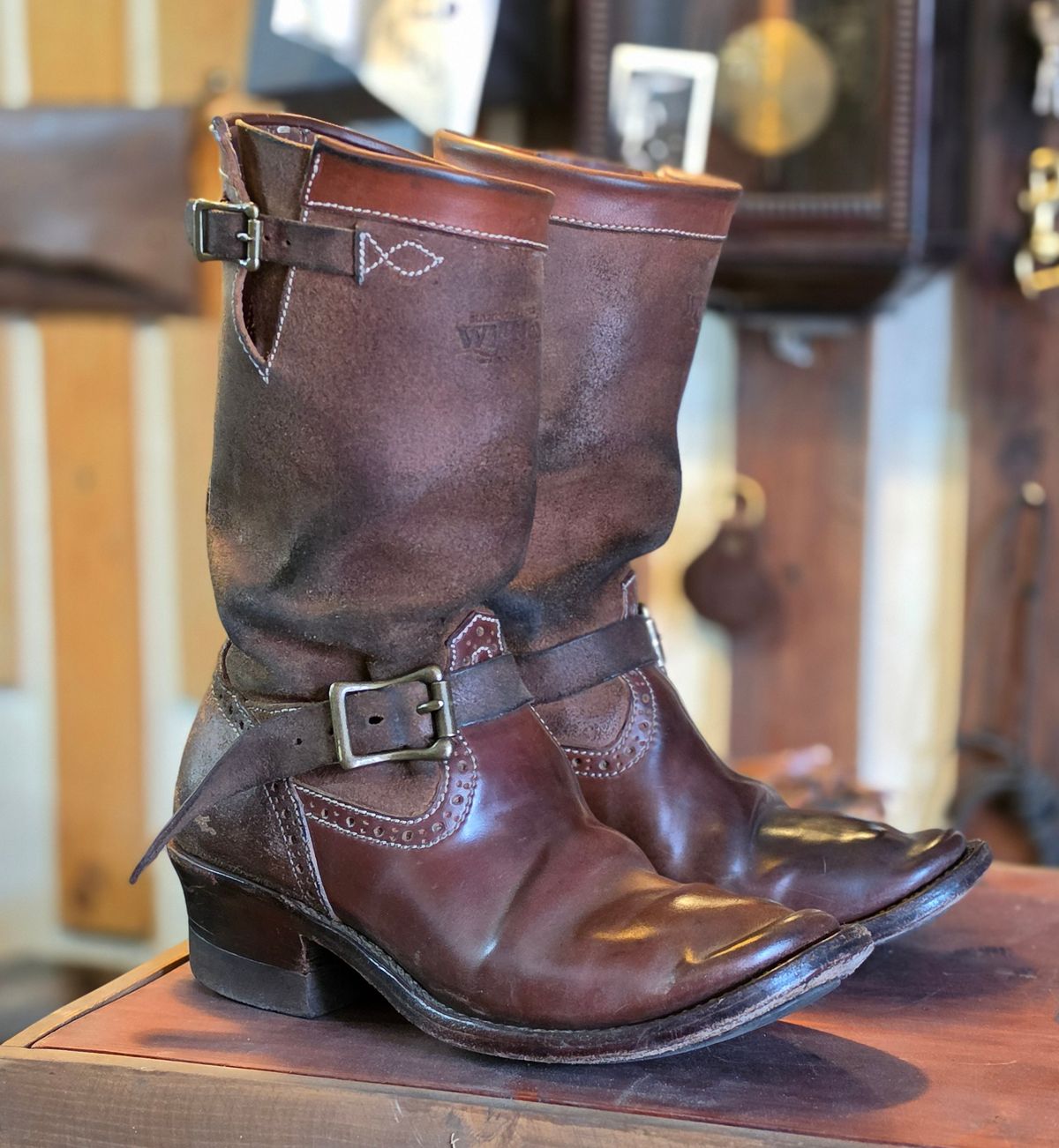 Photo by William on April 6, 2026 of the Willie's Handmade Boots Engineer Boots in Maryam Natural Waxed Reverse Horsebutt.