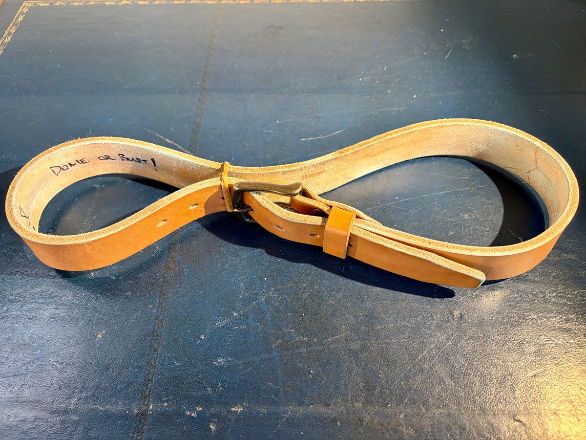 Photo by willmac on January 4, 2026 of the Carmine jack Oak Bark Bridle Belt in J&FJ Baker Natural Oak Bark Tanned Harness.