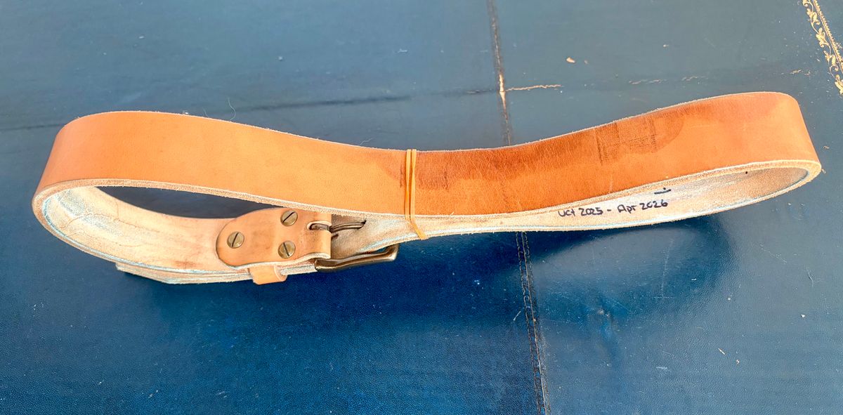 Photo by willmac on March 4, 2026 of the Carmine jack Oak Bark Bridle Belt in J&FJ Baker Natural Oak Bark Tanned Harness.