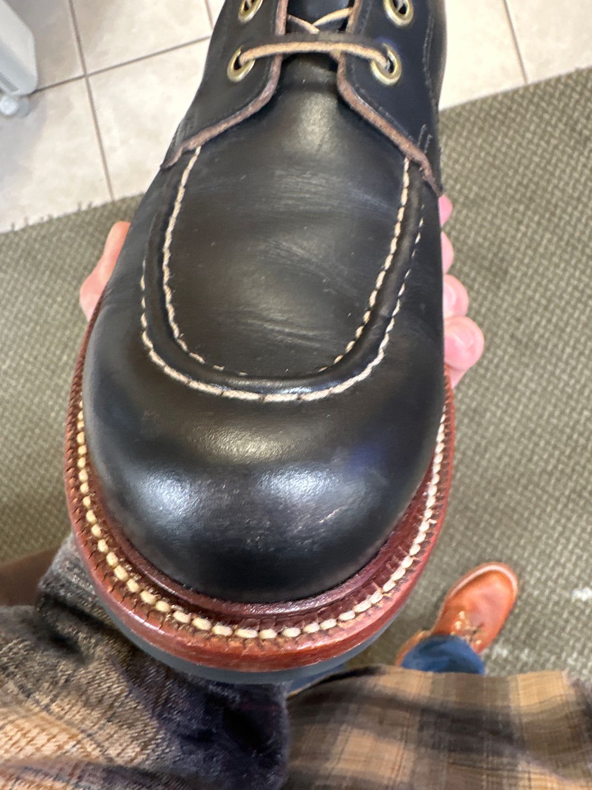 Photo by Doug_H on March 3, 2023 of the Grant Stone Brass Boot in Horween Black Chromexcel.