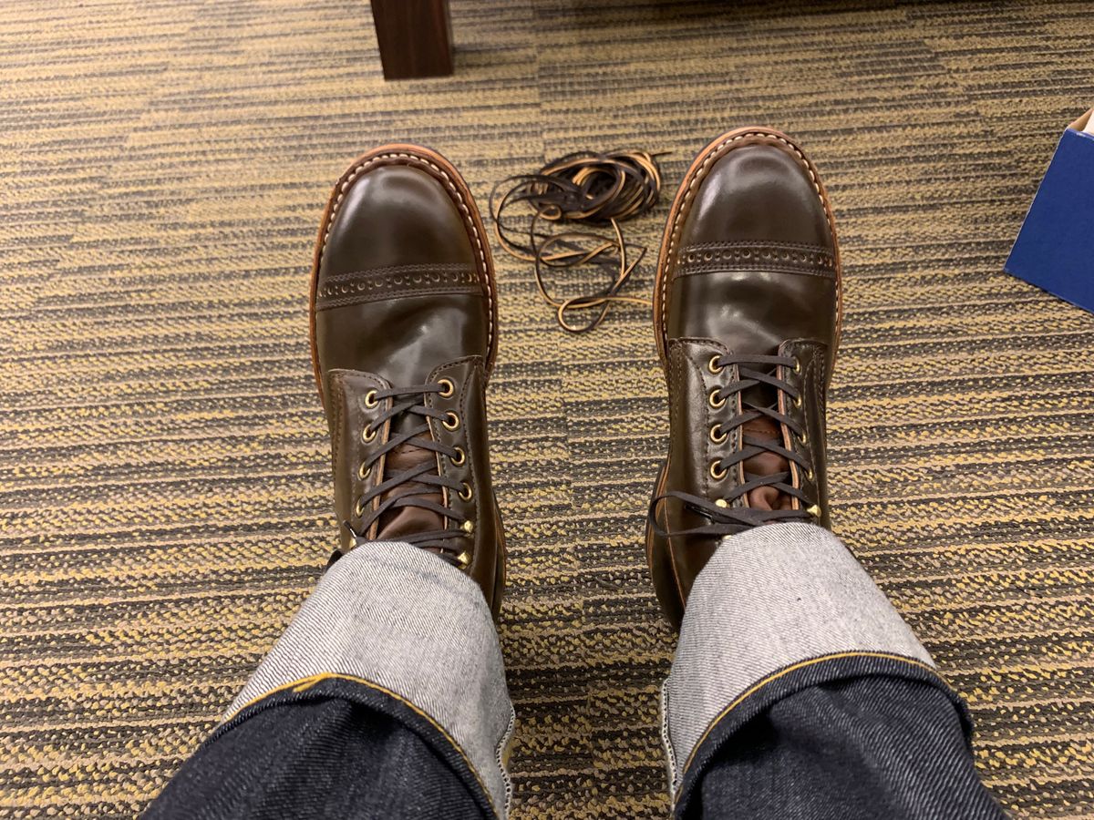 Photo by Dman on October 3, 2021 of the White's MP-Sherman Toe Cap in Horween Cigar Shell Cordovan.