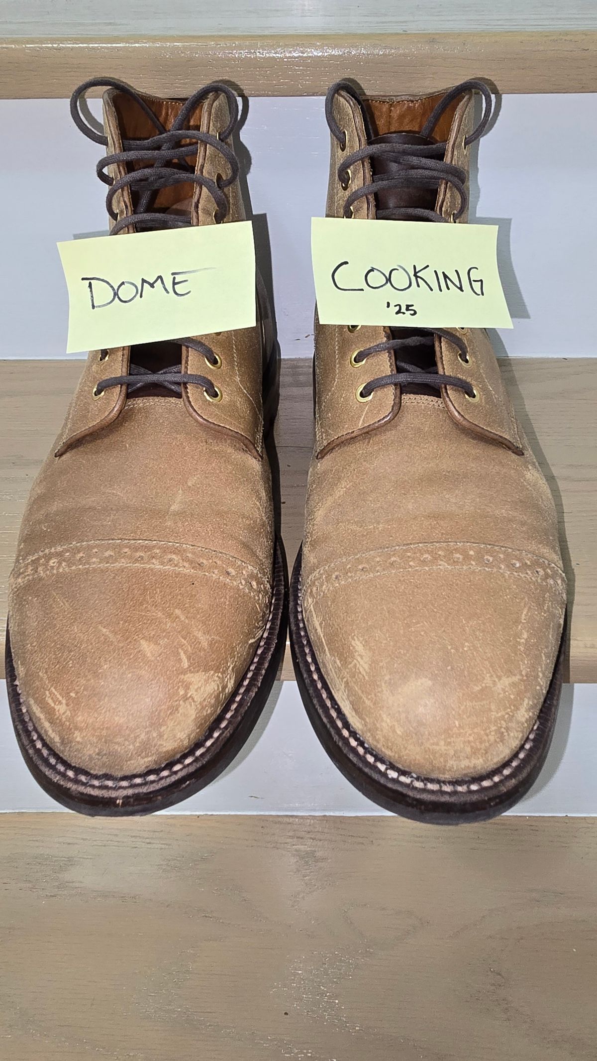 Photo by Gonzo on December 7, 2025 of the Grant Stone Garrison Boot in C.F. Stead Natural Waxy Commander Suede.