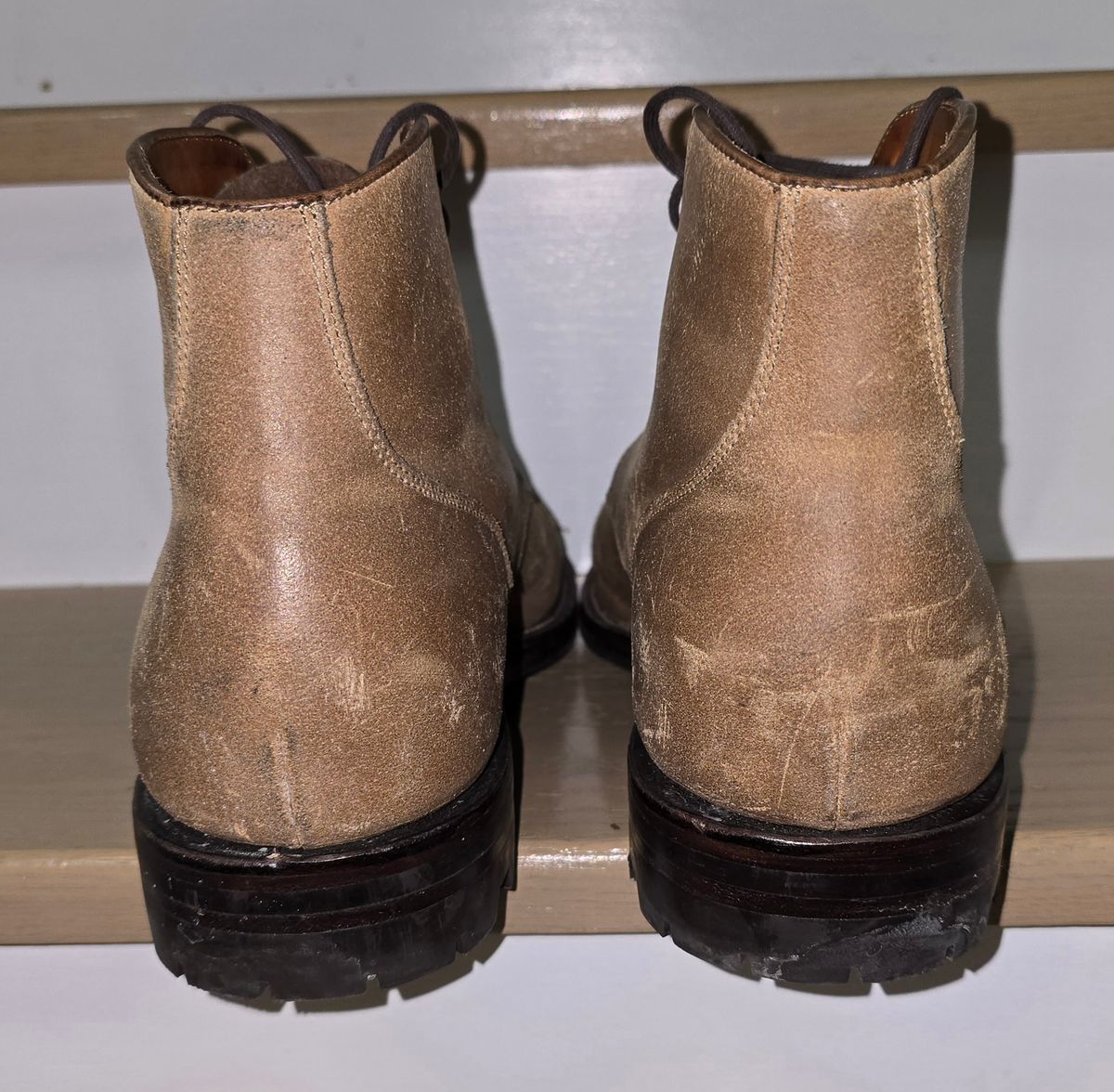 Photo by Gonzo on December 7, 2025 of the Grant Stone Garrison Boot in C.F. Stead Natural Waxy Commander Suede.