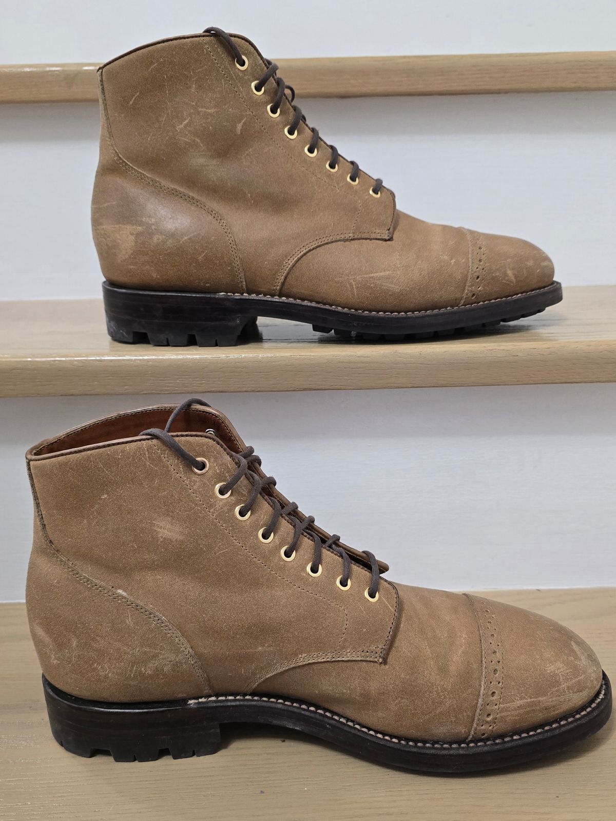 Photo by Gonzo on December 7, 2025 of the Grant Stone Garrison Boot in C.F. Stead Natural Waxy Commander Suede.